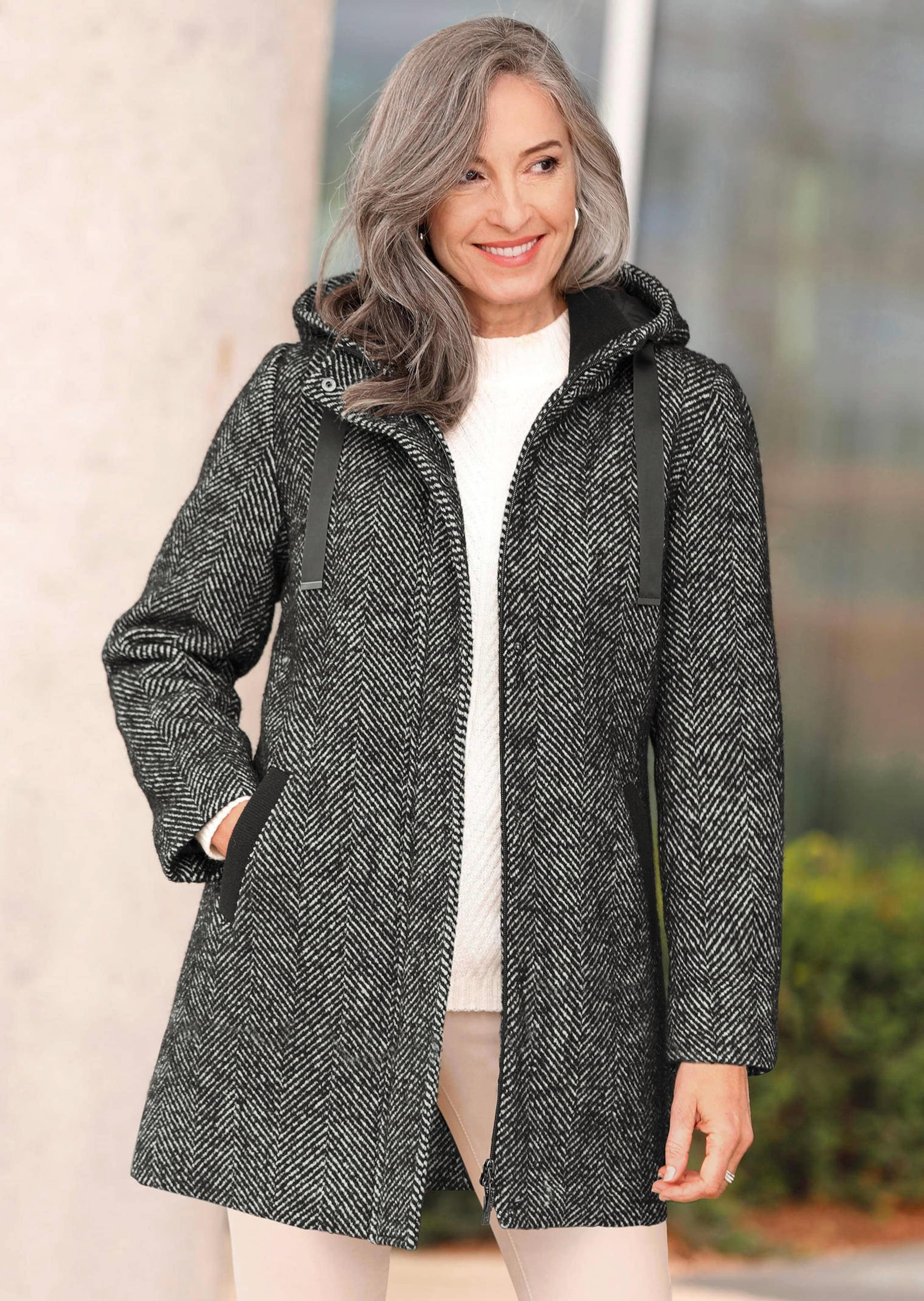 Thumbnail - GOLDNER Langmantel "Kurzgröße Wollmantel mit Fischgräten-Muster" Mit Strickbündchen am Kragen