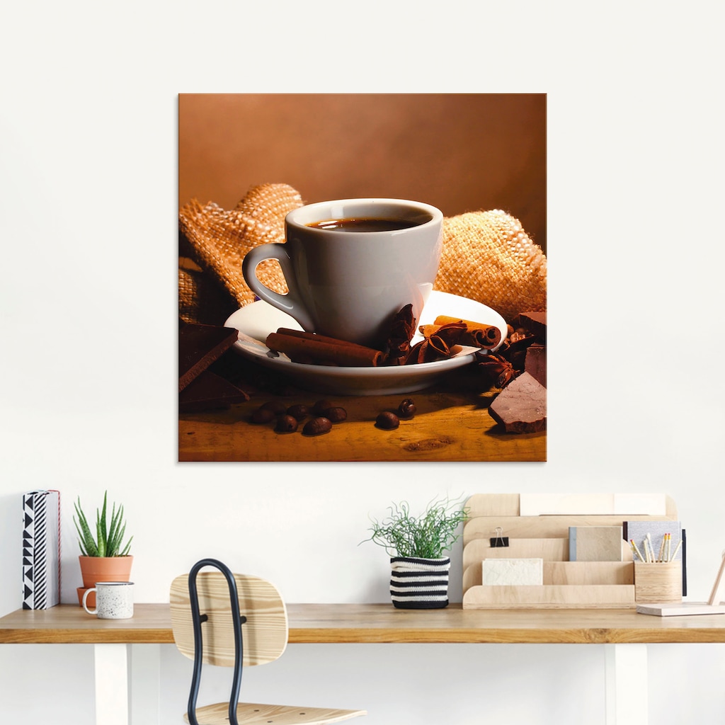 Artland Glasbild »Kaffeetasse Zimtstange Nüsse Schokolade«, Getränke, (1 St.)