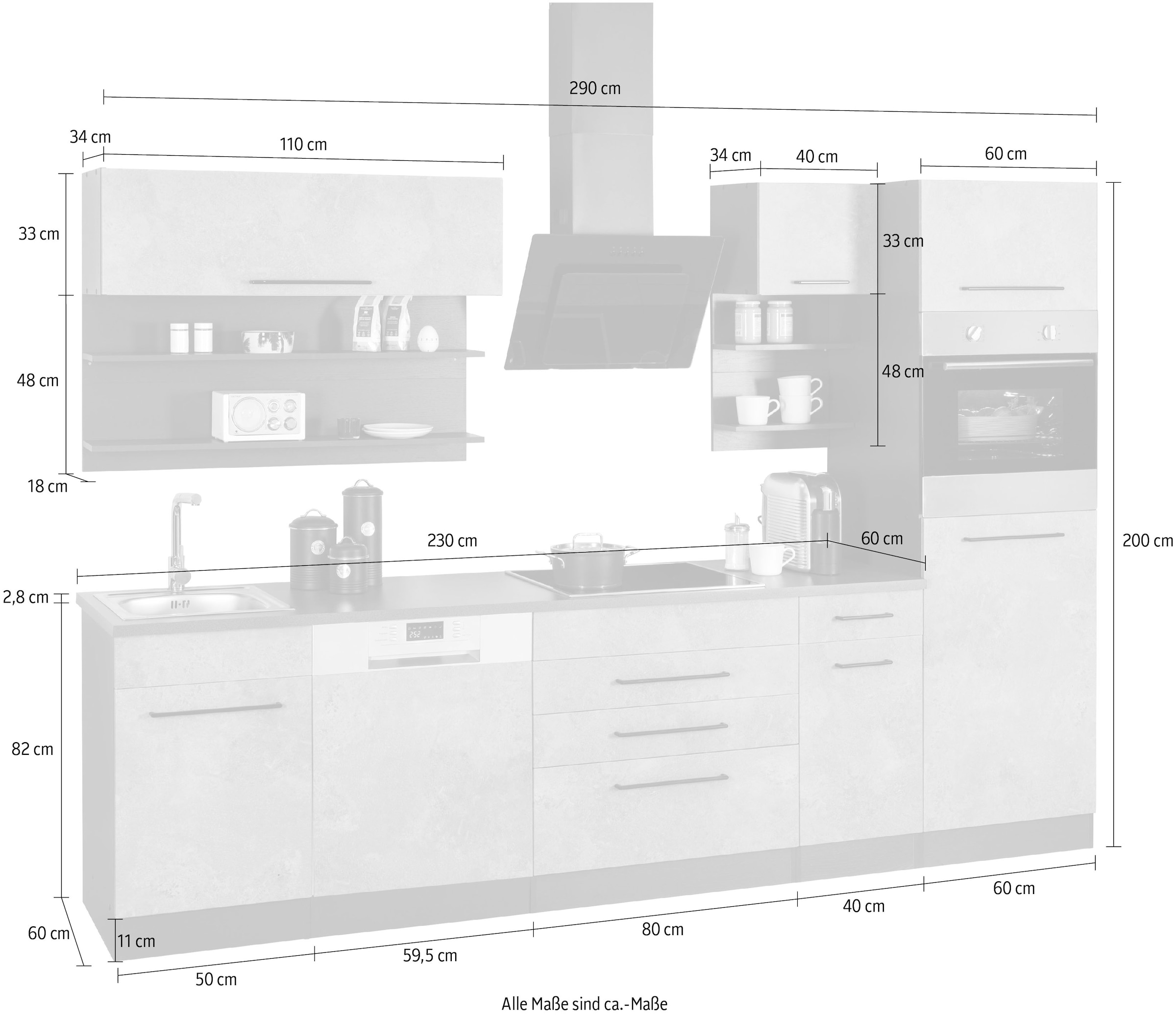KOCHSTATION Küchenzeile »KS-Tulsa«, ohne E-Geräte, Breite 290 cm, schwarze Metallgriffe, MDF Fronten