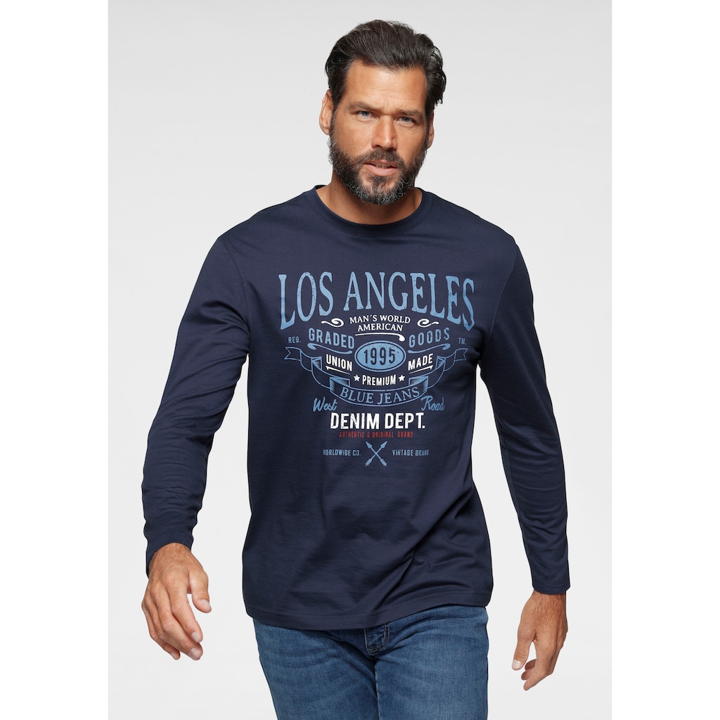 Herrenmode Shirts Man's World Langarmshirt, Mit großem Schriftprint marine Herrenmode Shirts Man's World Langarmshirt, Mit großem Schriftprint marine