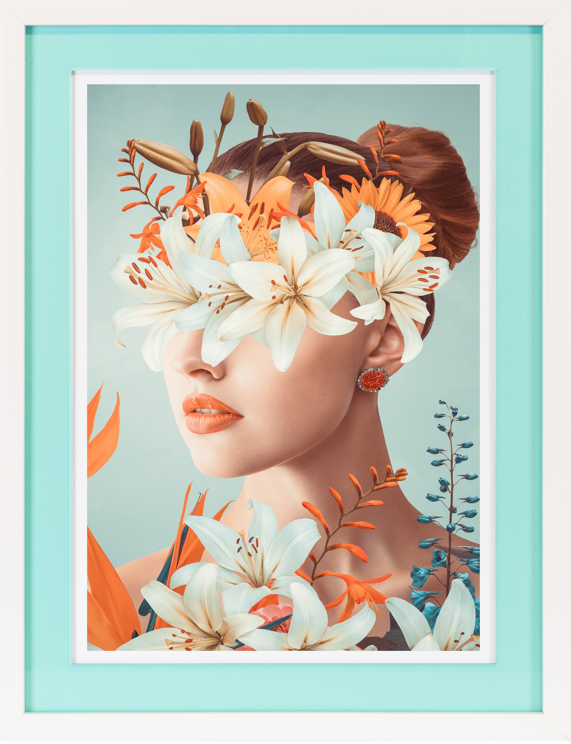 queence Bild mit Rahmen »Frau mit Blumenkranz«, Bilder von Frauen-Blumen-Blumenbilder-Frau-Gesicht, (1 St.), Poster mit buntem Acrylglas Passepartout