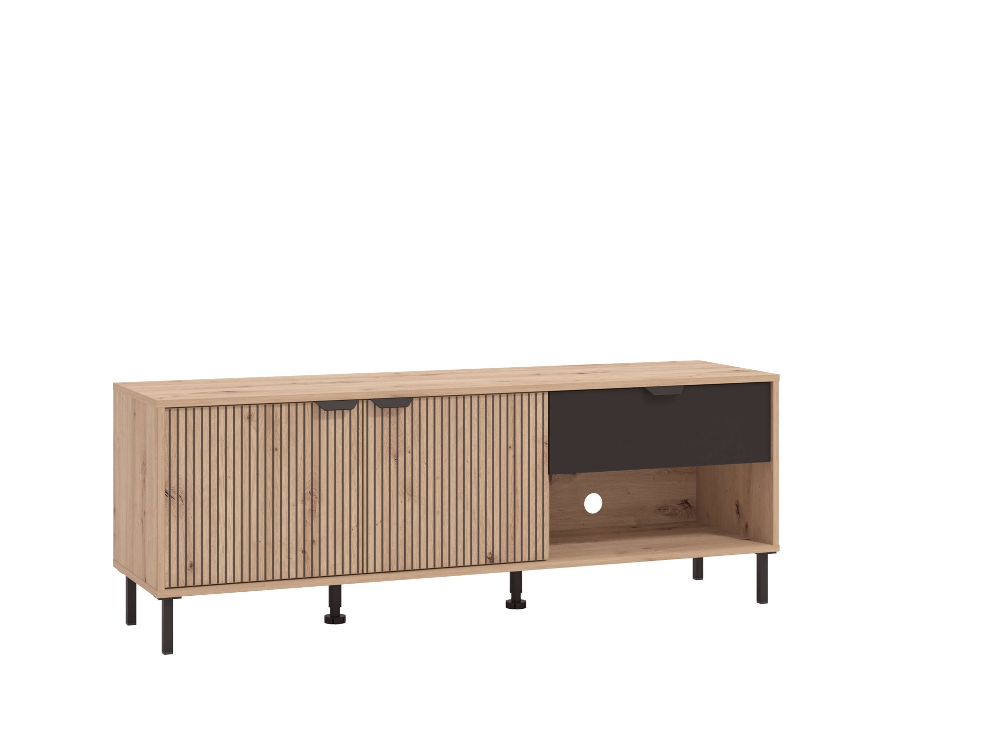 Home affaire Lowboard »Mayenne TV-Lowboard, Breite 150 cm, TV-Schrank, TV-Ständer«, TV-Kommode mit dekorativen schwarzen Streifen, in Artisan Eiche