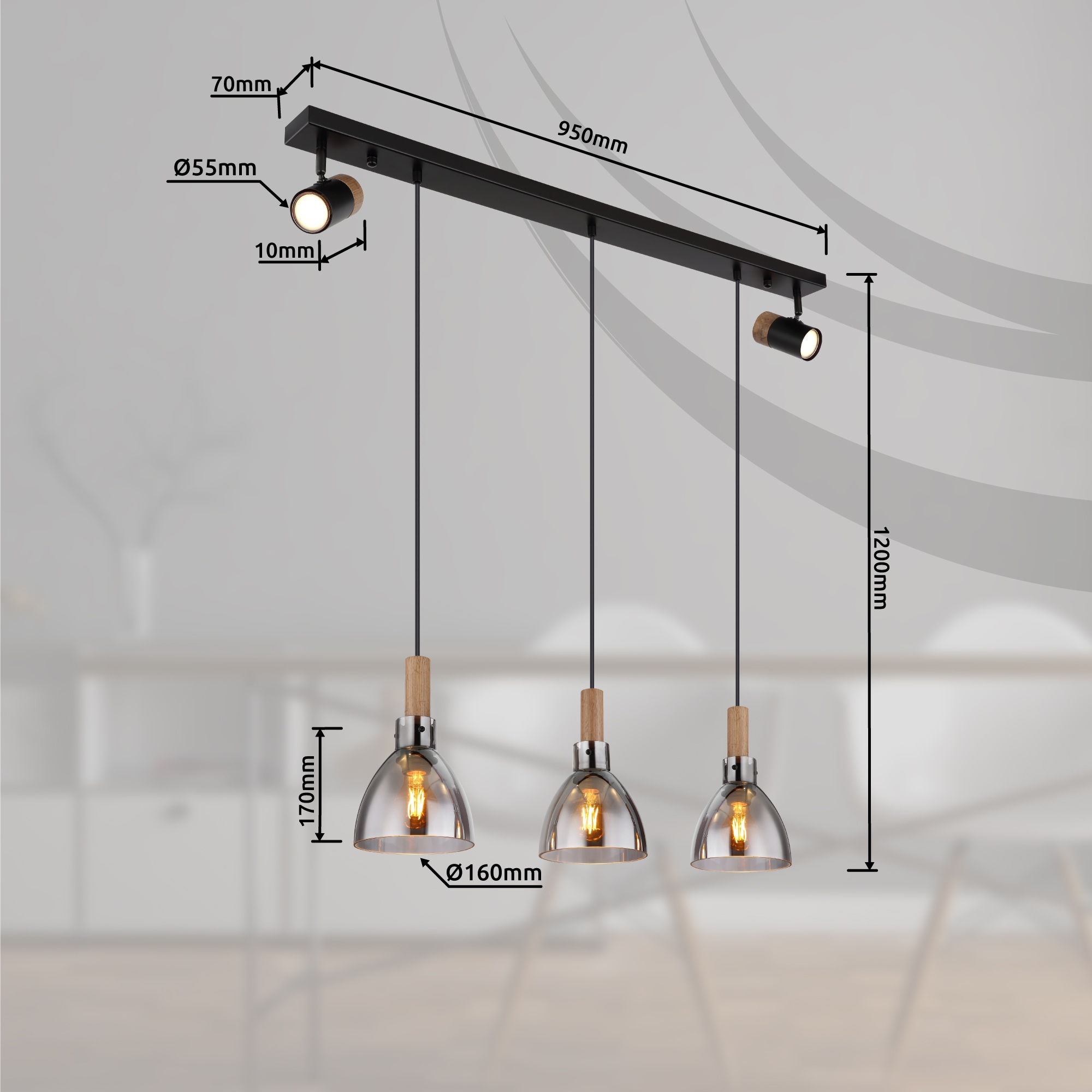 GLOBO LIGHTING Hängeleuchte »MATTEA« E27 1 Stk. Schwarze Hängeleuchte mit Rauchglas, MDF, GU10 & E27 Spots