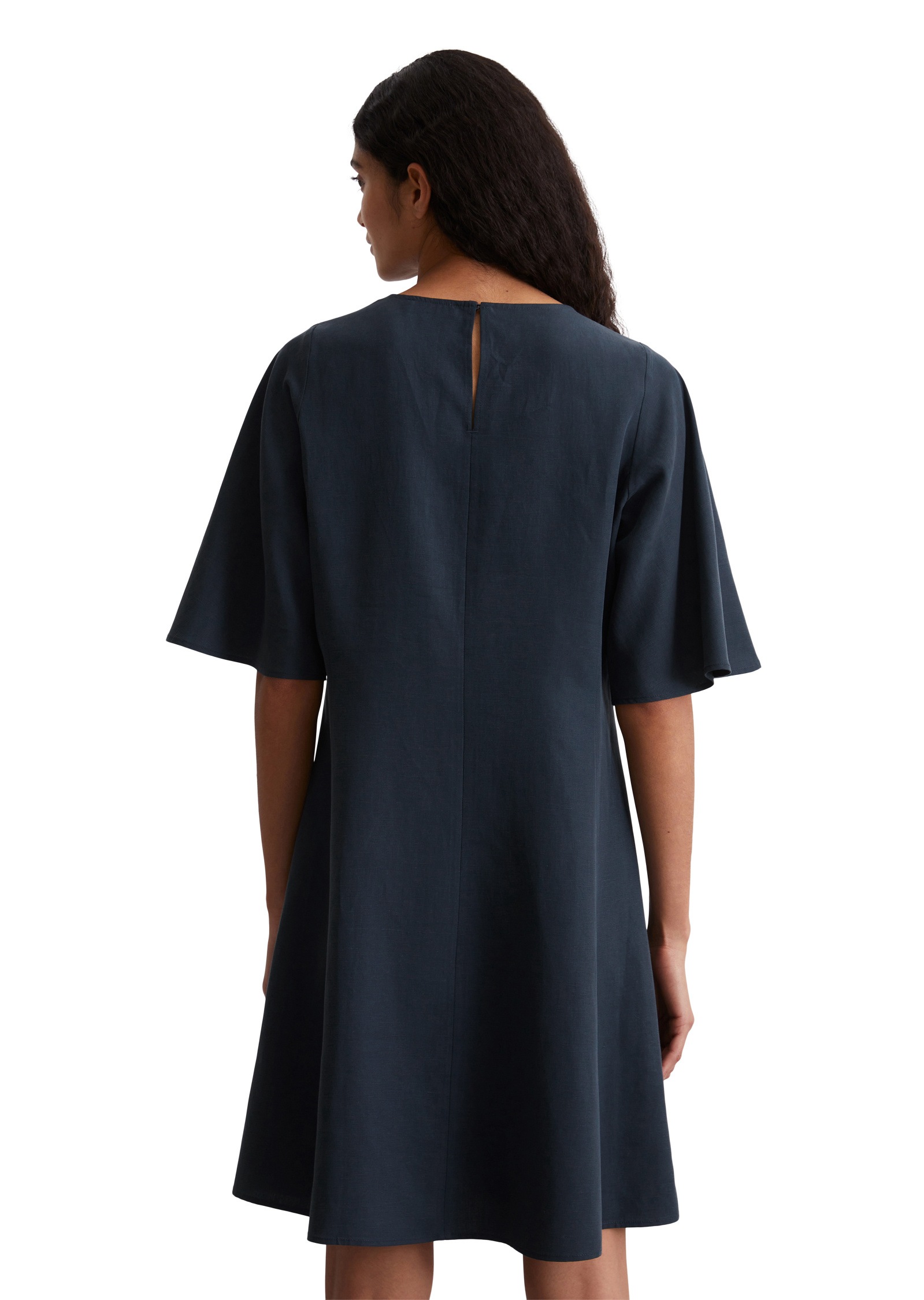 Midikleid MARC O'POLO "aus TENCEL™ Lyocell-Leinen-Mix", Damen, Gr. 42, Normalgrößen, blau (m886), Obermaterial: 90% Lyocell, 10% Leinen, unifarben, weit kurz, Rundhals, Kleider Midikleid 2