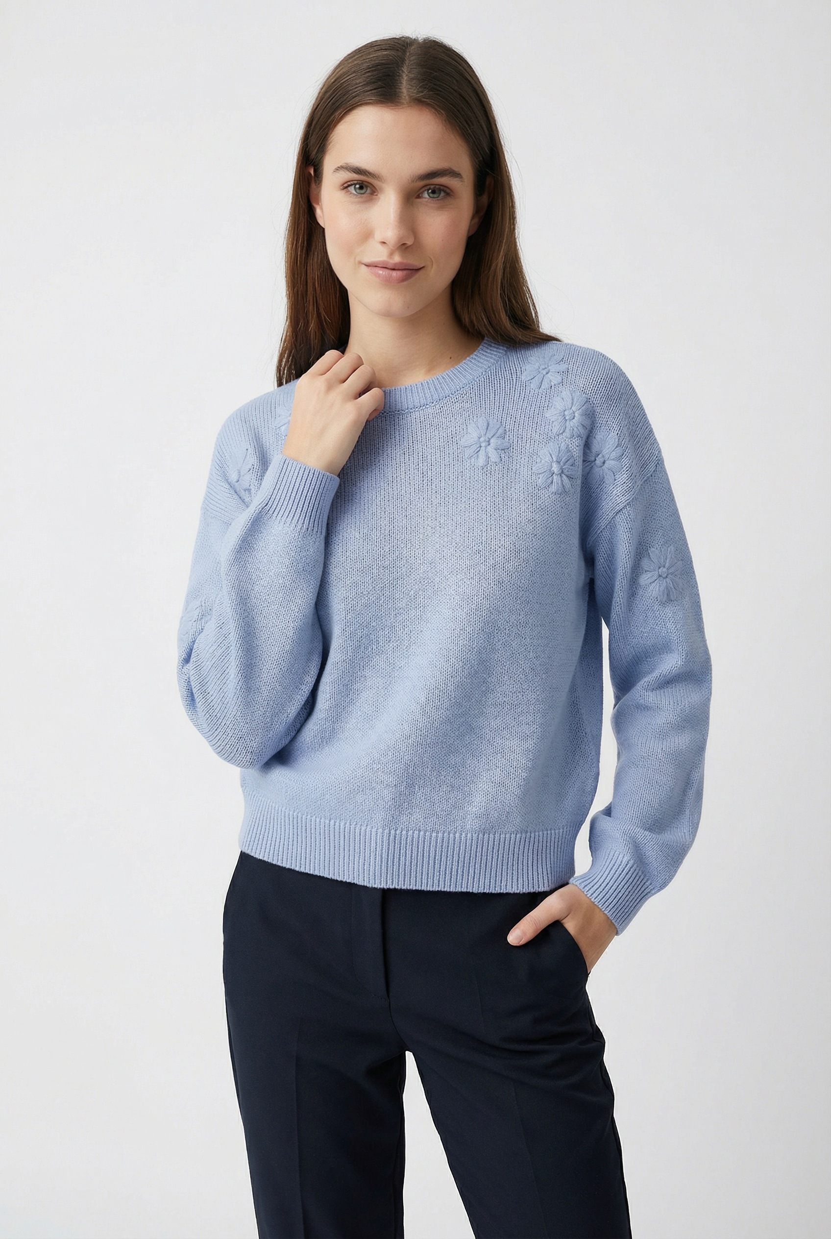 Vero Moda Strickpullover "VMDAISY EMB LS O-NECK PULLOVER BOO" mit zartem Bl günstig online kaufen