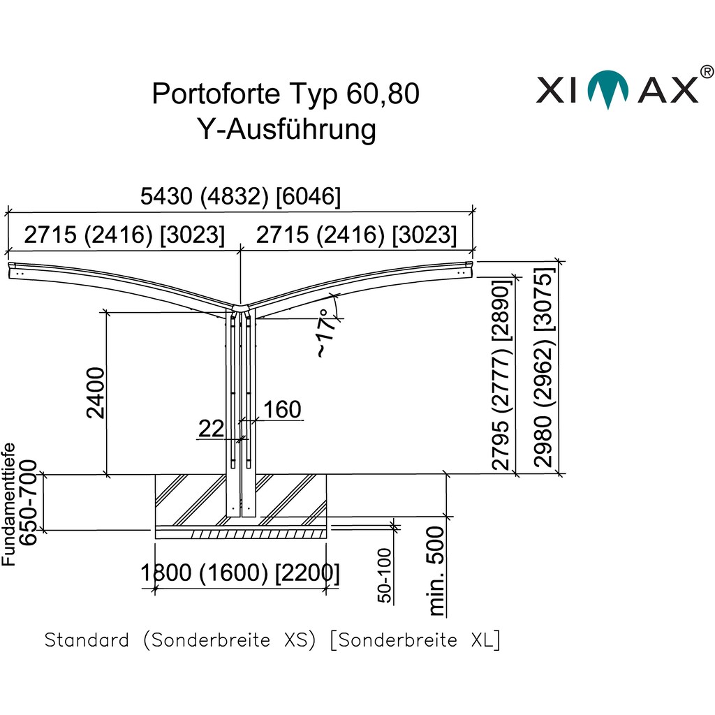 Ximax Doppelcarport »Portoforte Typ 60 Y-mattbraun«, Aluminium, 527 cm, braun