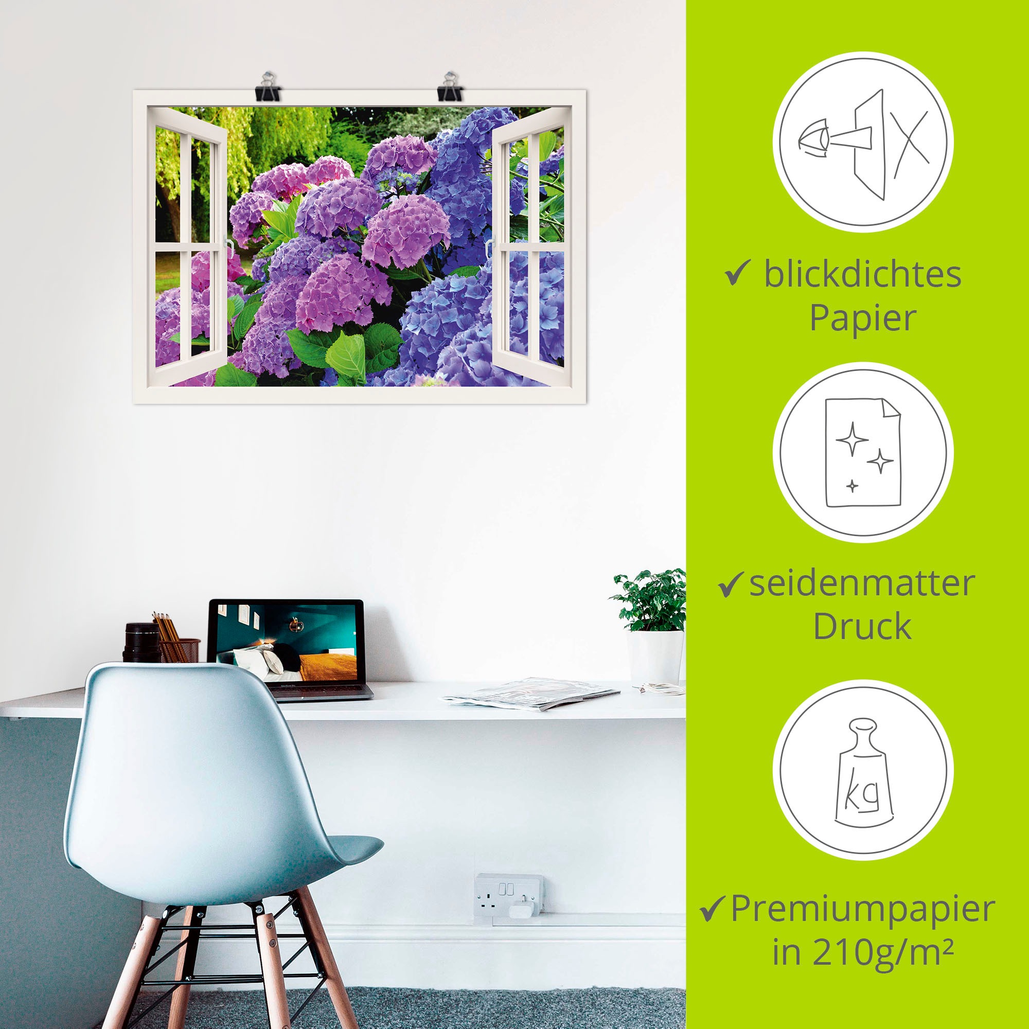 Artland Wandbild »Fensterblick Hortensien im Garten« Blumen 1 Stk. tlg. ohne Rahmen