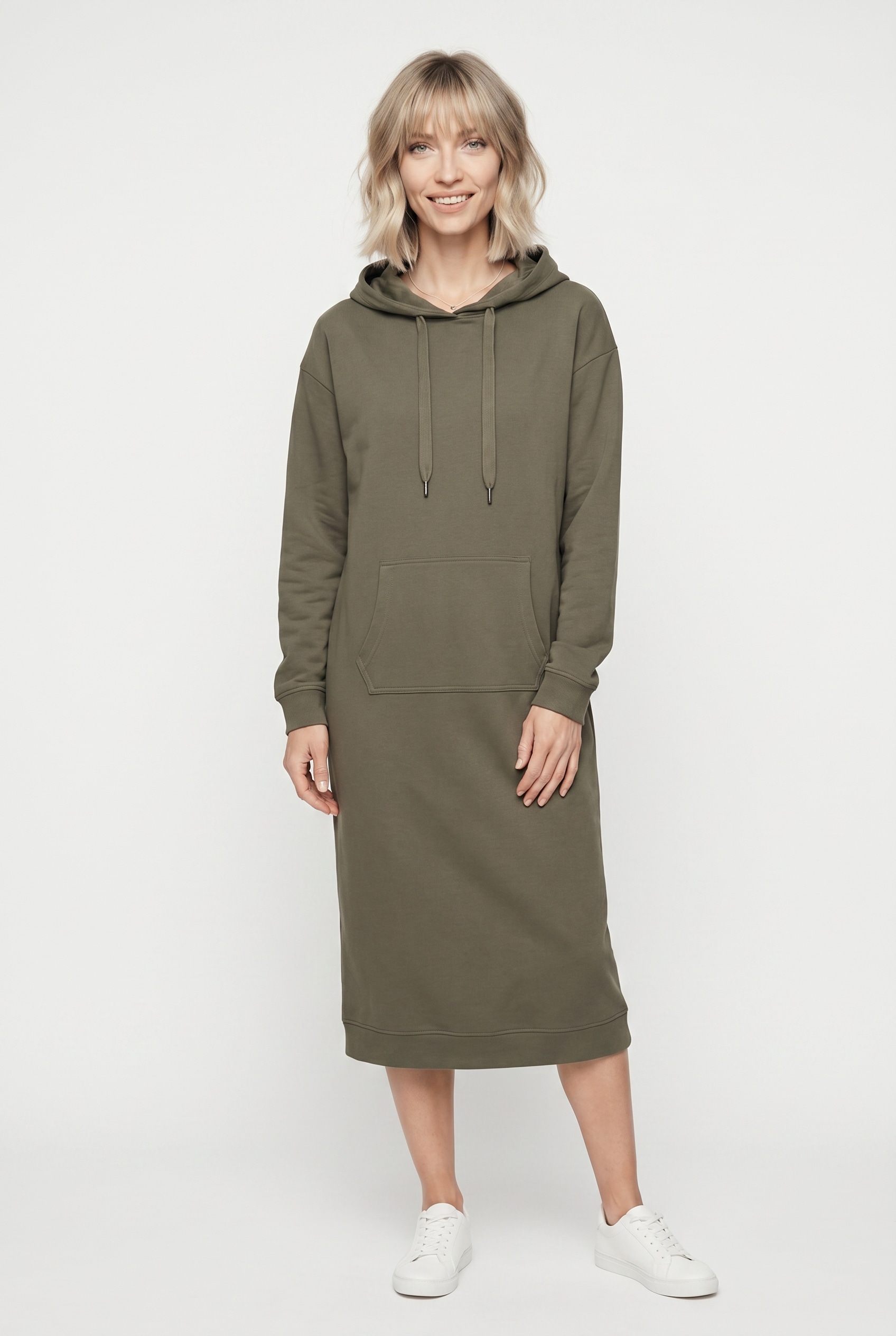 bonprix Sweatkleid "Sweatkleid mit Baumwolle" Kängurutasche mit Kapuze, aus Baumwolle und Viskose, lockere Passform