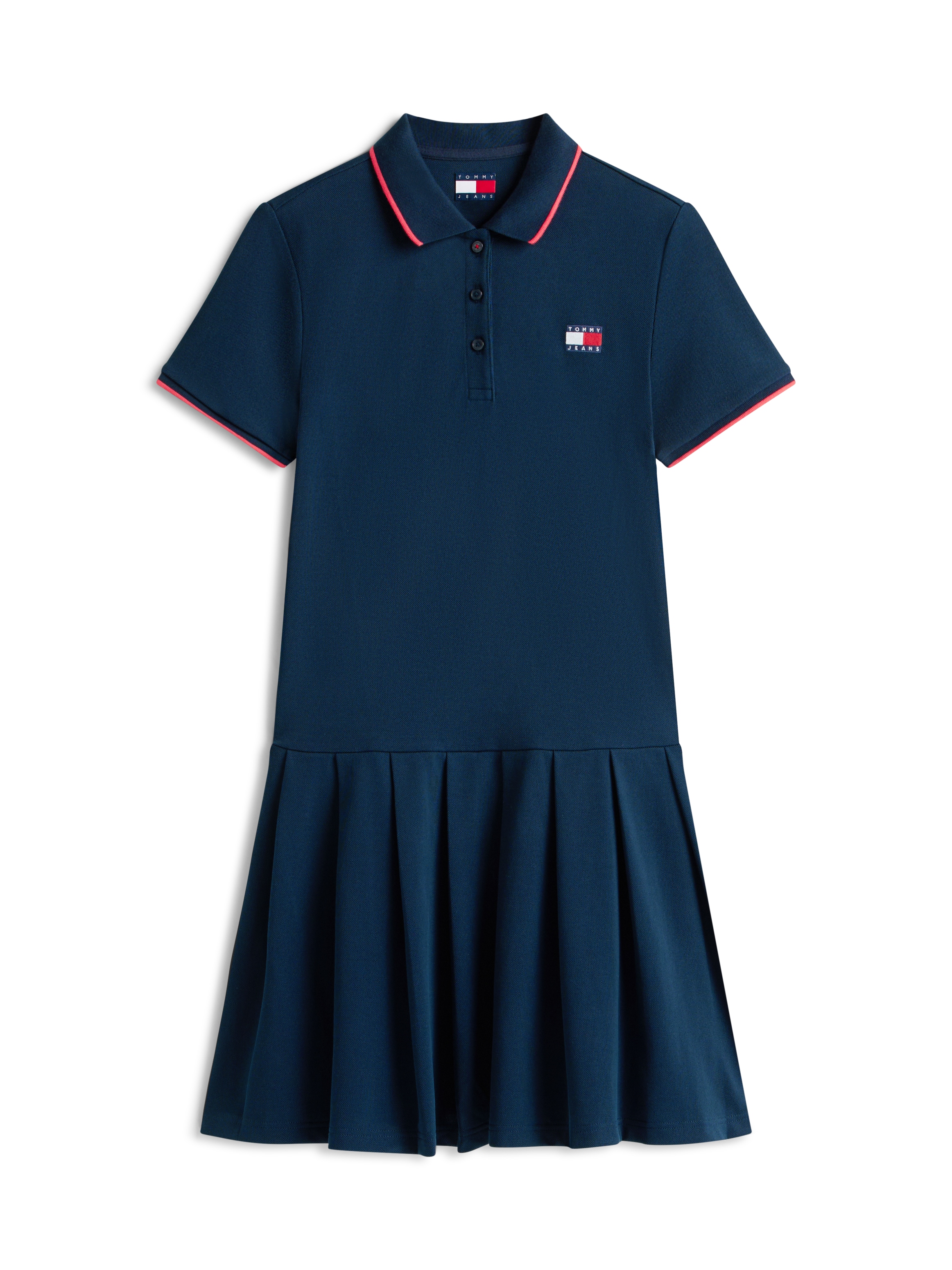 Tommy Jeans Polokleid »TJW BADGE PLEAT PIQUE DRESS EXT« mit Kontrastdetails, entspannte Passform