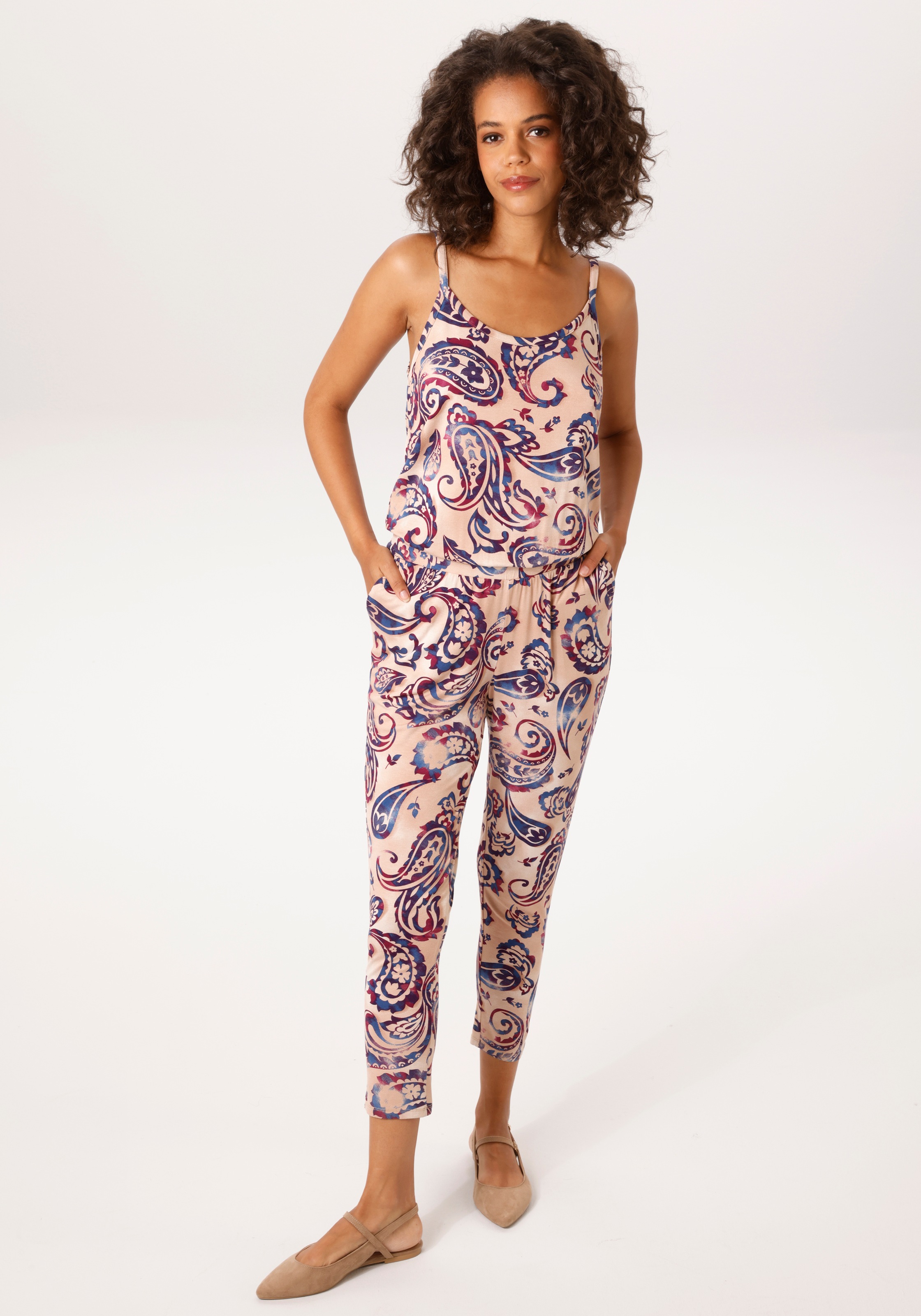 Overall ANISTON CASUAL, Damen, Gr. 44, N-Gr, beige, hellbeige, bordeaux, blau, Single Jersey, Obermaterial: 95% Viskose, 5% Elasthan, Paisley, bedruckt, figurumspielend wadenlang, Overalls Overall, mit großflächigem Paisley-Muster im Batik-Look - NEUE KOL 2