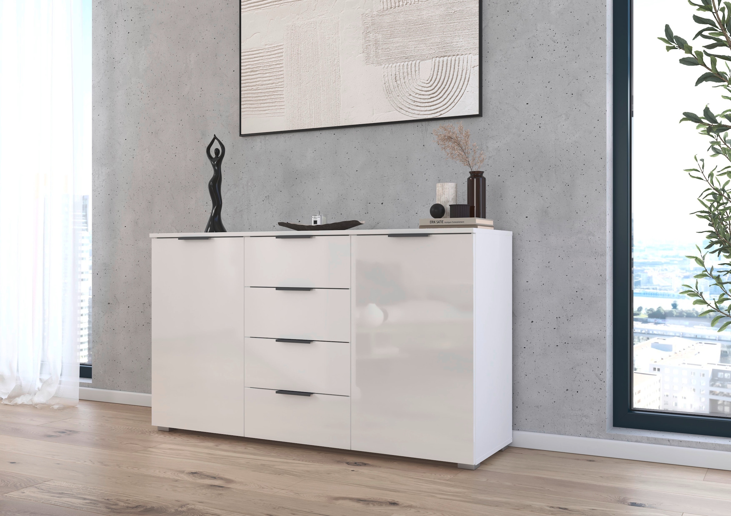 rauch Kombikommode »Sideboard Schubladenkommode AGORDO mit Dekor- oder Hochglanzfront«, (in zwei Griff-Farben), mit 4 Schubkästen und 2 Türen sowie Metallgriffen MADE IN GERMANY