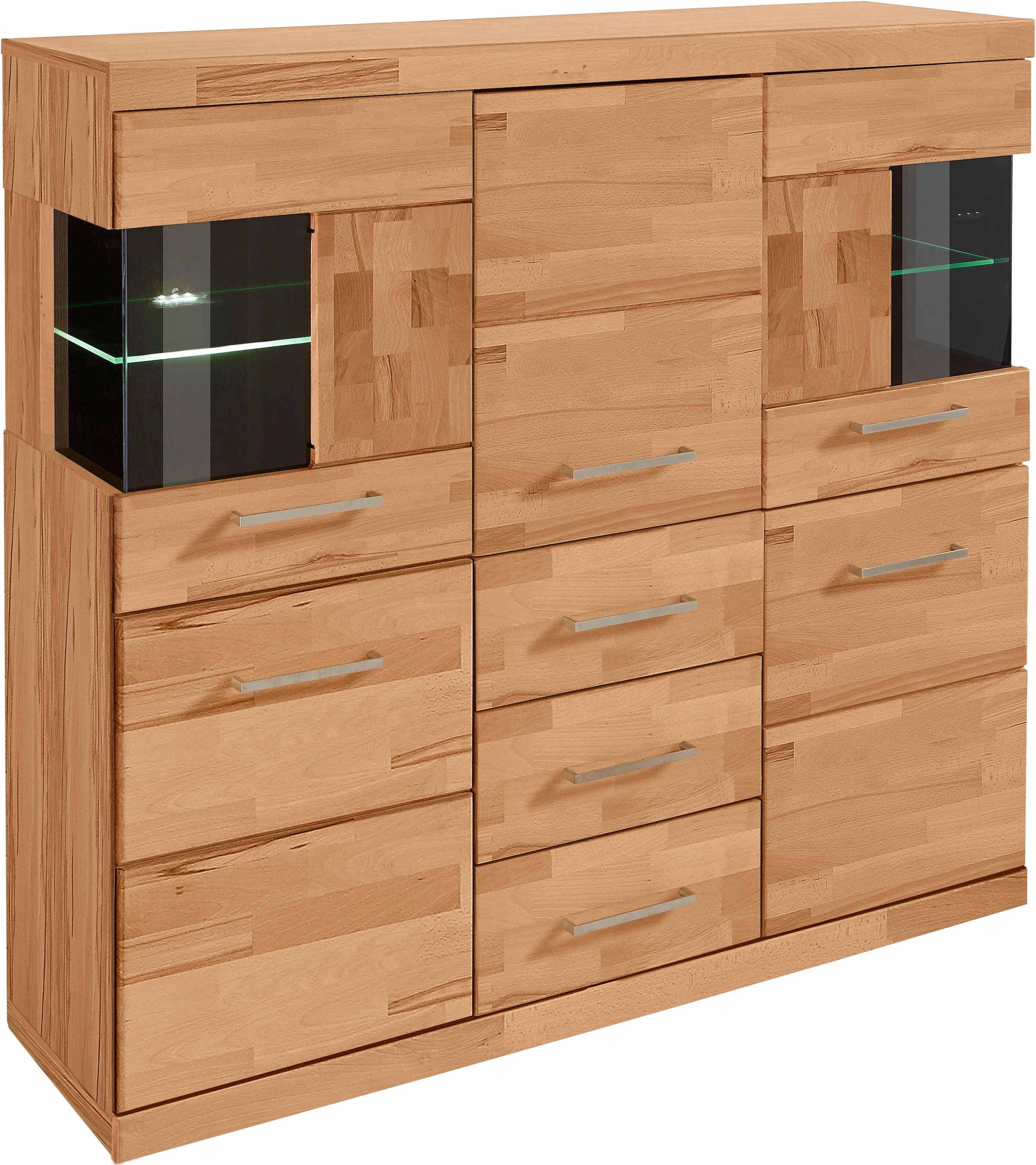 Home affaire Highboard »Ribe,125cm breit,115cm hoch, Fronten Massivholz,5Türen,3 Schubladen«, Holz massiv, Holzwerkstoff, Metall Griffe,10Fächer, Böden versetzbar