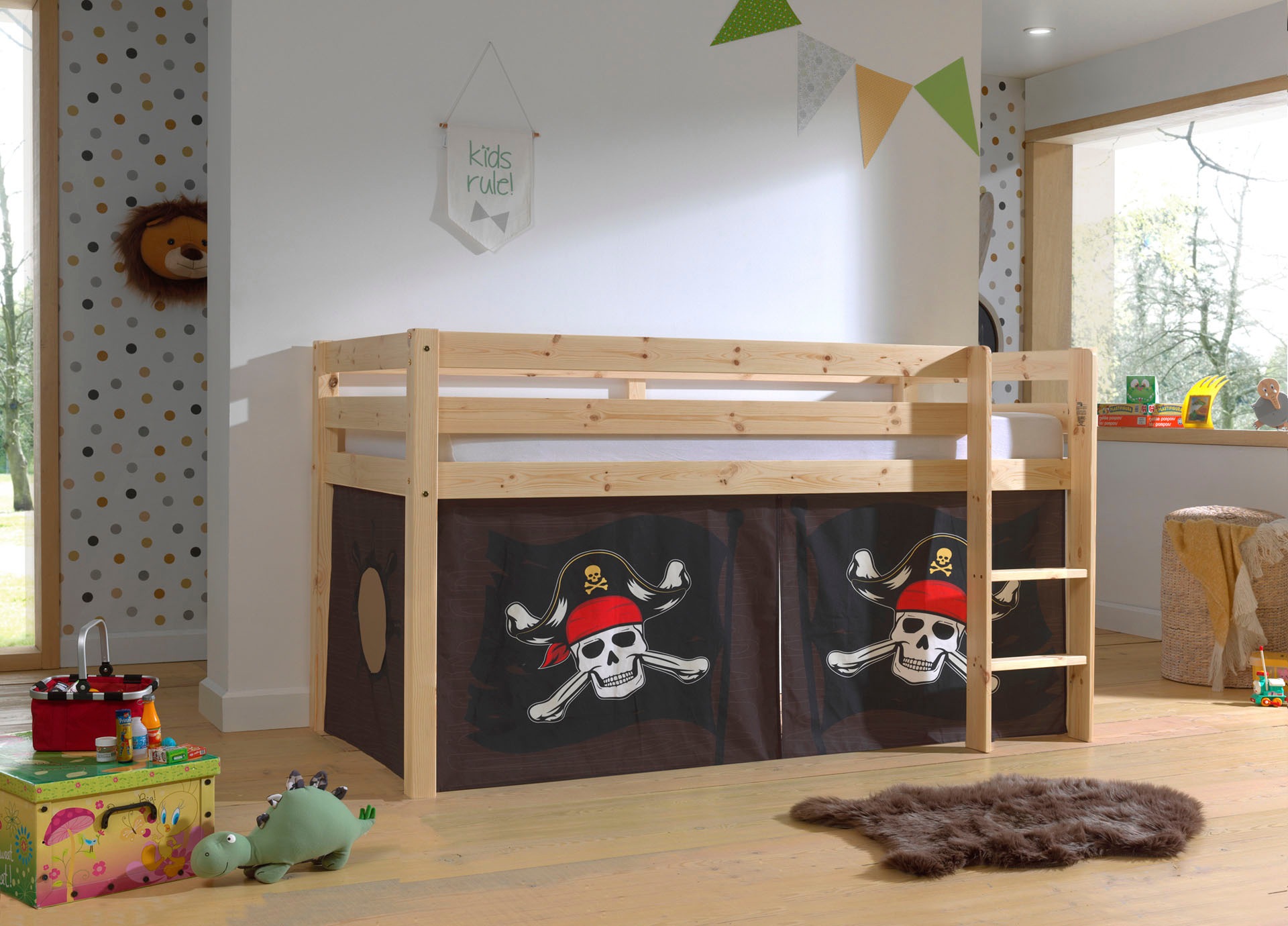 Vipack Spielbett »Vipack Pino«, (Made in Europe), mit Textil-Set, inkl. Rolllattenrost, in Natur, Weiß oder Grau