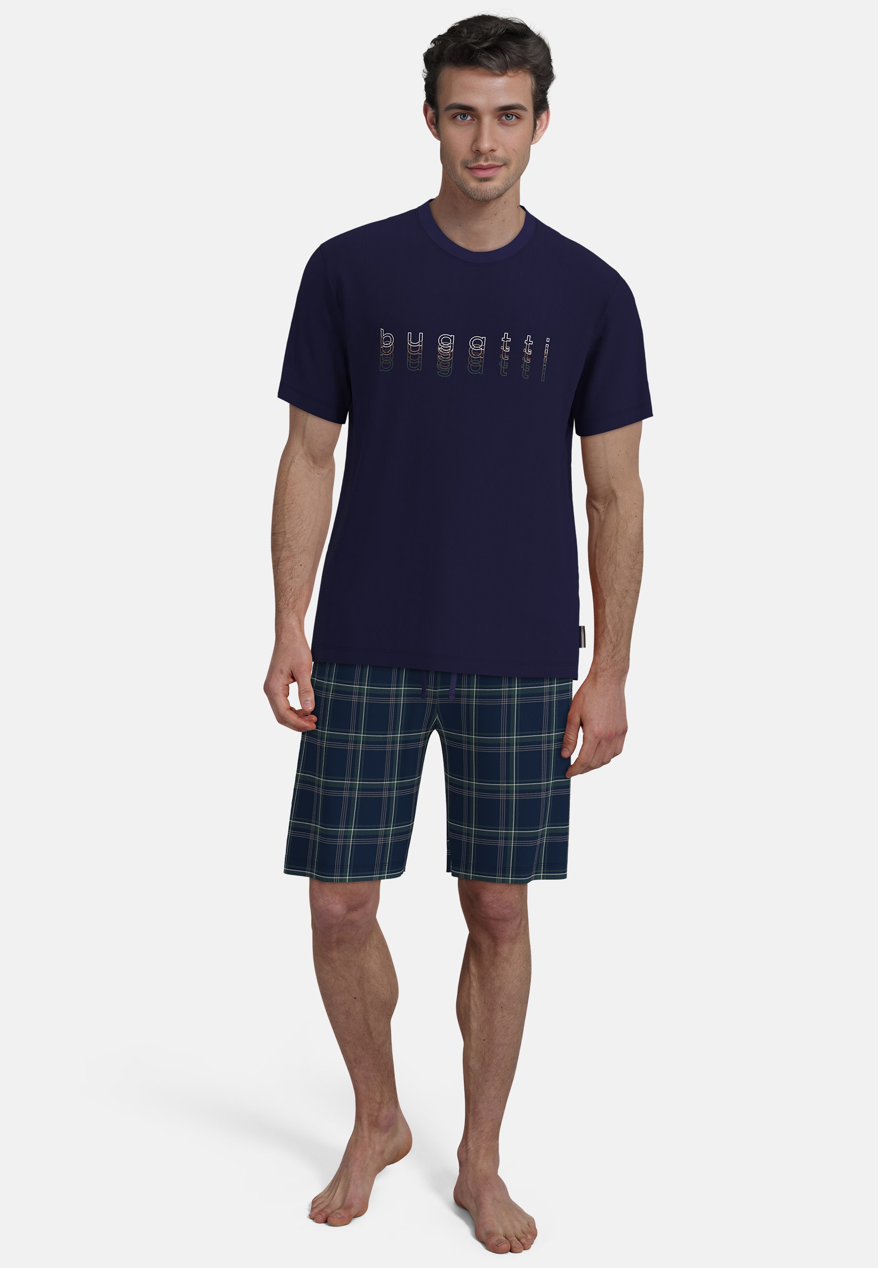 bugatti Shorty Kurzarm, Rundhalsausschnitt, kurze Hose, kariert, mit Logo, günstig online kaufen