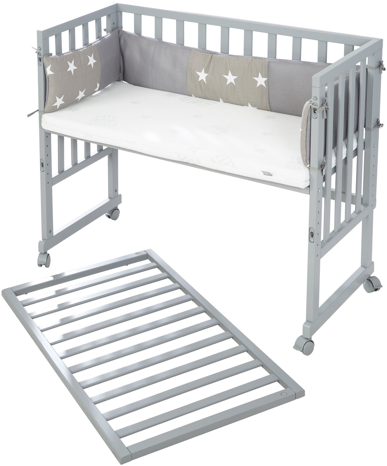 roba® Stubenbett »Safe Asleep® 2in1, taupe, Little Stars«, mit 4 Rollen, Matratze, Nestchen und Sicherheitsbarriere