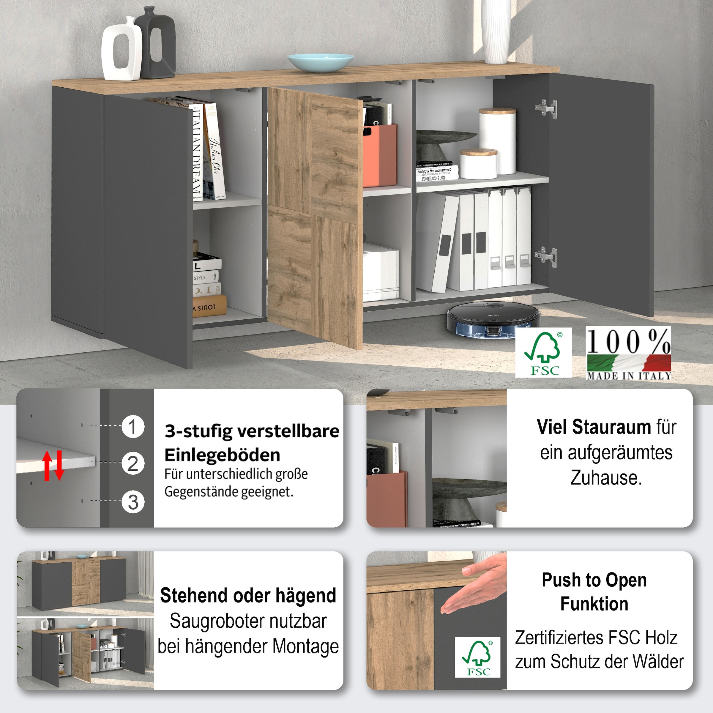 OTTO home Sideboard »ISEO, Kommode, Schrank, Sideboard, Lowboard, 6 Fächer, Breite 150 cm« 1 Stk. tlg. stehend/hängend, 3 Türen, 6 Fächer, Breite 150 cm