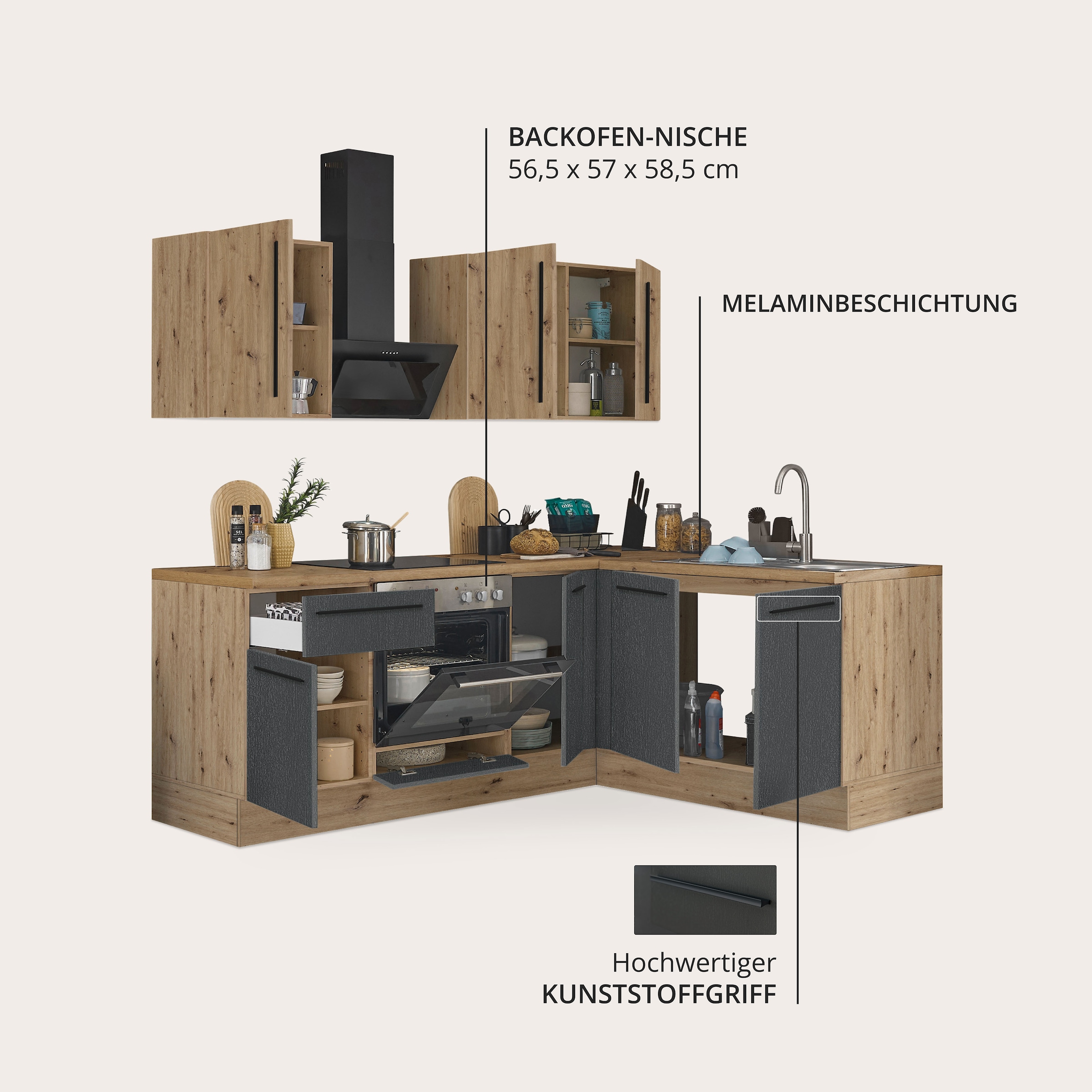 KOCHSTATION Winkelküche »Florida, Stellbreite 210x165 cm« wahlweise mit E-Geräten, mit Softclose für Türen und Schubkästen