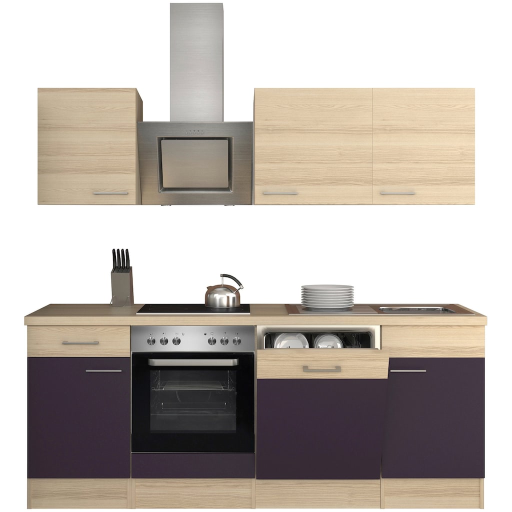 Wohnen Küchenmöbel Flex-Well Küchenzeile »Portland«, mit E-Geräten, Breite 220 cm Aubergine / Akazie