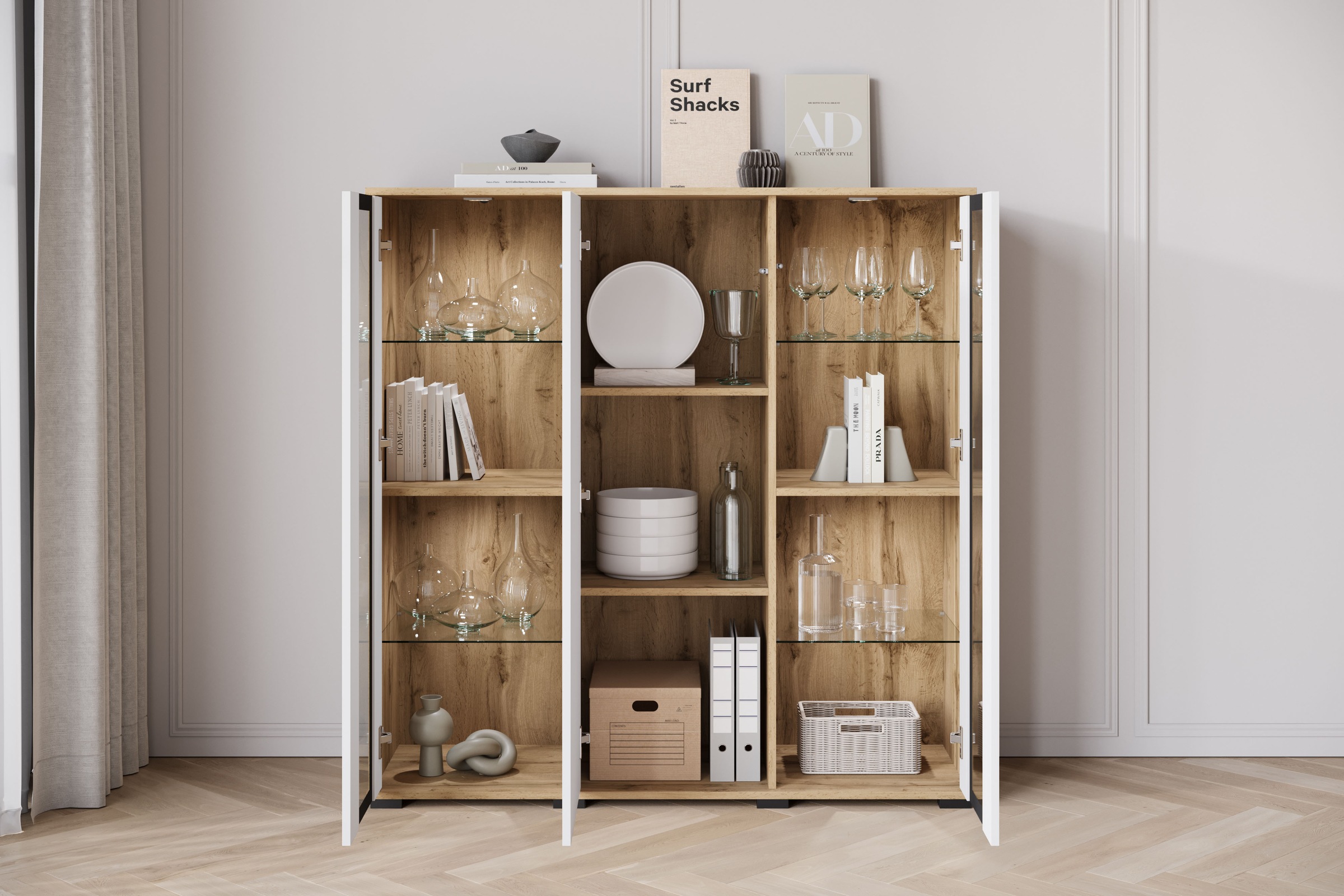 INOSIGN Highboard »Caro, modernes Design mit Glaseinsätzen, Breite 120 cm«, (1 St.), grifflose Fronten mit Push-to-Open, höhenverstellbare Einlegeböden
