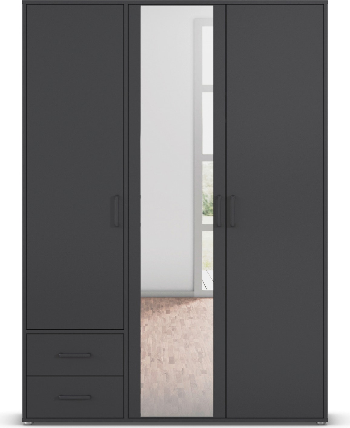 rauch Drehtürenschrank »Kleiderschrank Schrank Garderobe Wäscheschrank VOYAGER«, (in 3 verschiedenen Ausstattungen BASIC/CLASSIC/PREMIUM), mit modernen Griffen in Graumetallic, inkl. Schubkästen und Spiegel
