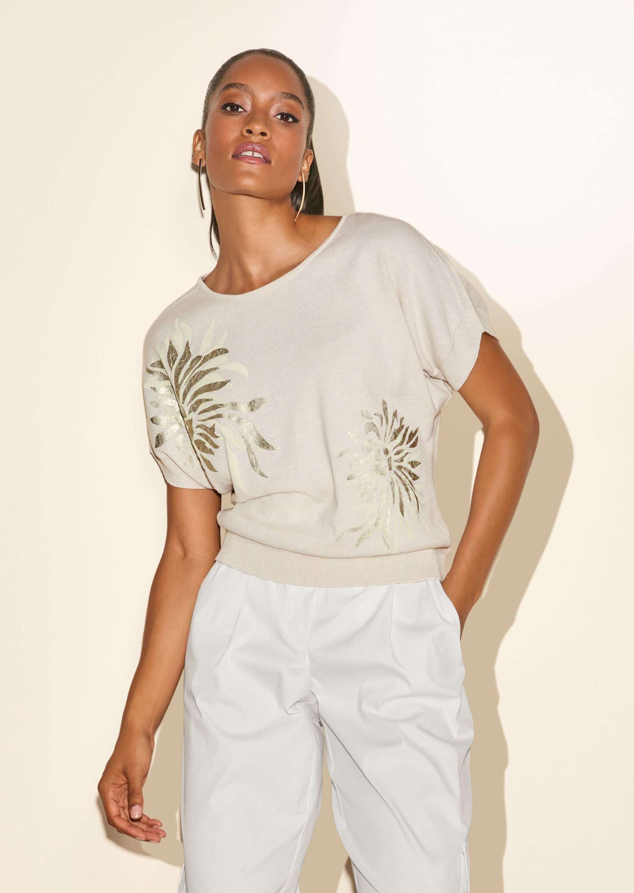 MADELEINE Longpullover »Pullover Kurzarm-Pullover mit glanzvollem Floral-Print«