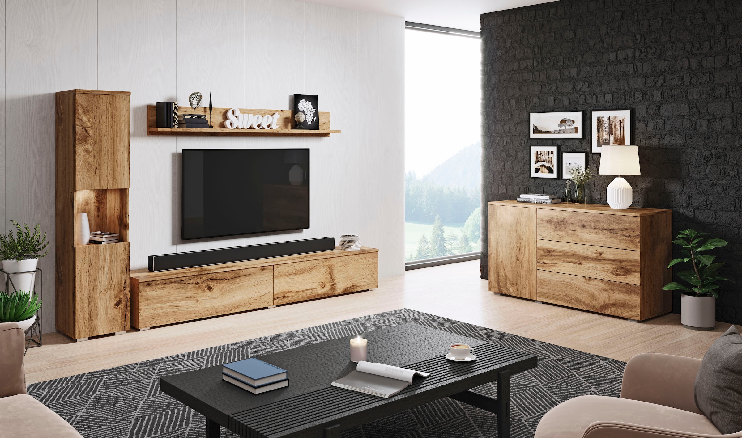 INOSIGN Wohnwand »PARIS, Vitrine Türanschlag links/rechts wechselbar«, (Komplett-Set, 3 St.), grifflose Design, stehend und hängend montierbar