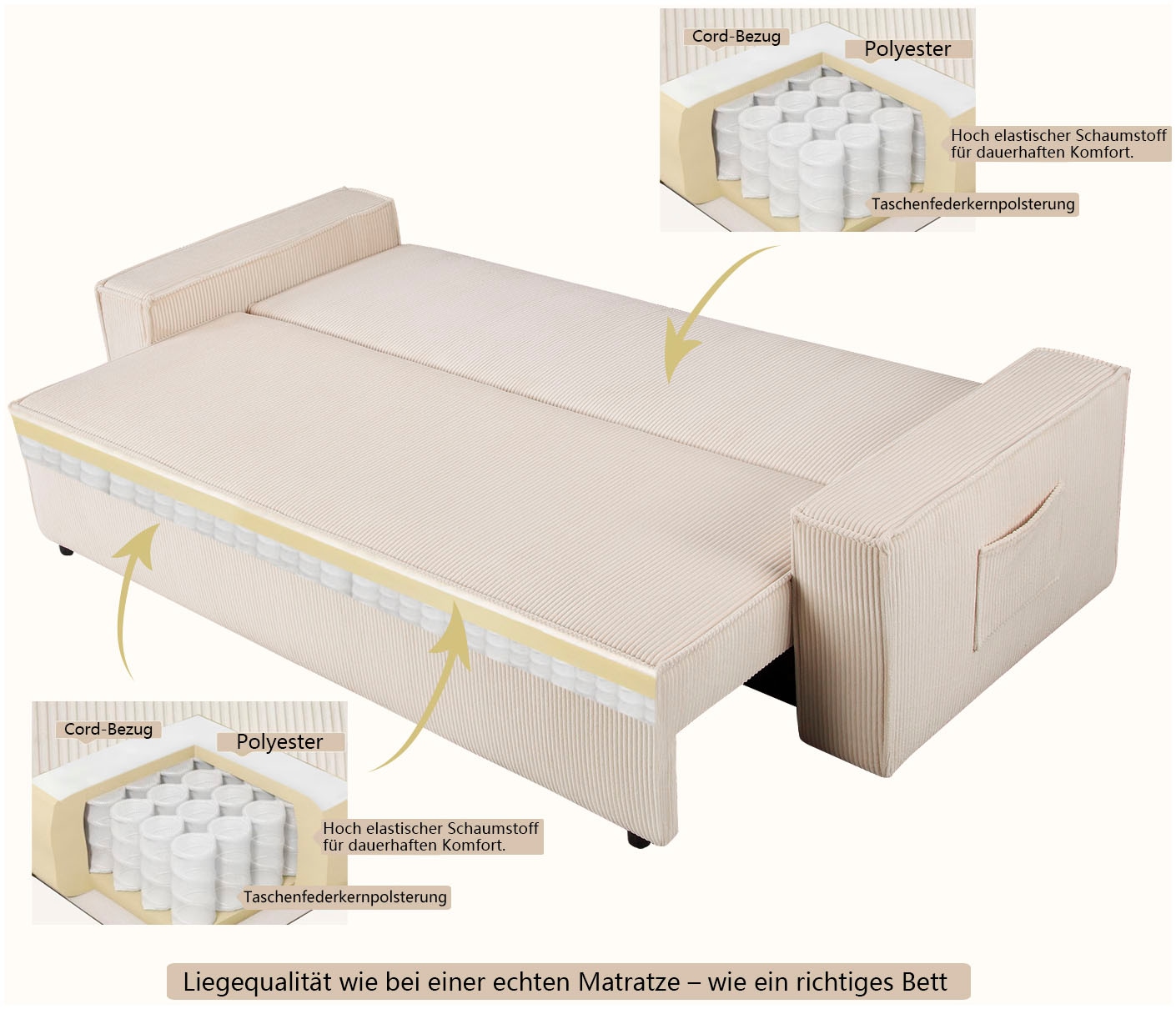 OTTO home Schlafsofa »CASSI 3-Sitzer, 240 cm - OTTO. Verlässliche Qualität.« Schlaffunktion (134/200), Bettkasten, Cord, Unser Tiefpreis