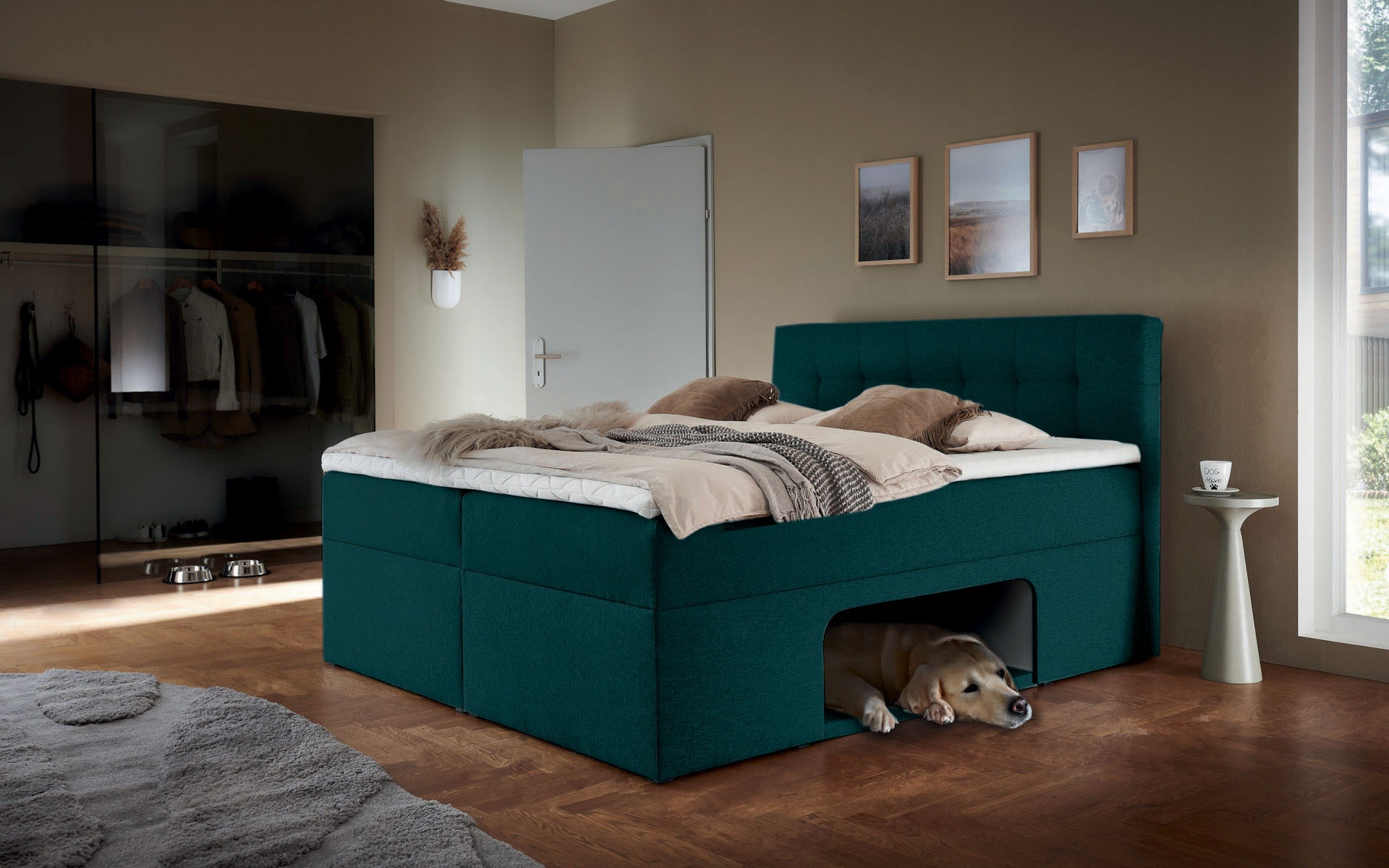 Boxbett HOME AFFAIRE "Carolin", blau (nachtblau meliert), B:162cm L:210cm, Komplettbetten, mit Nische inkl. gepolsterter Unterlage für Haustiere