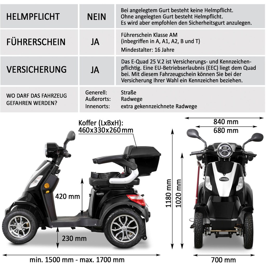 Rolektro Elektromobil »Rolektro E-Quad 25 V.2, Blei-Gel-Akku«, 1000 W, 25 km/h, (mit Topcase)