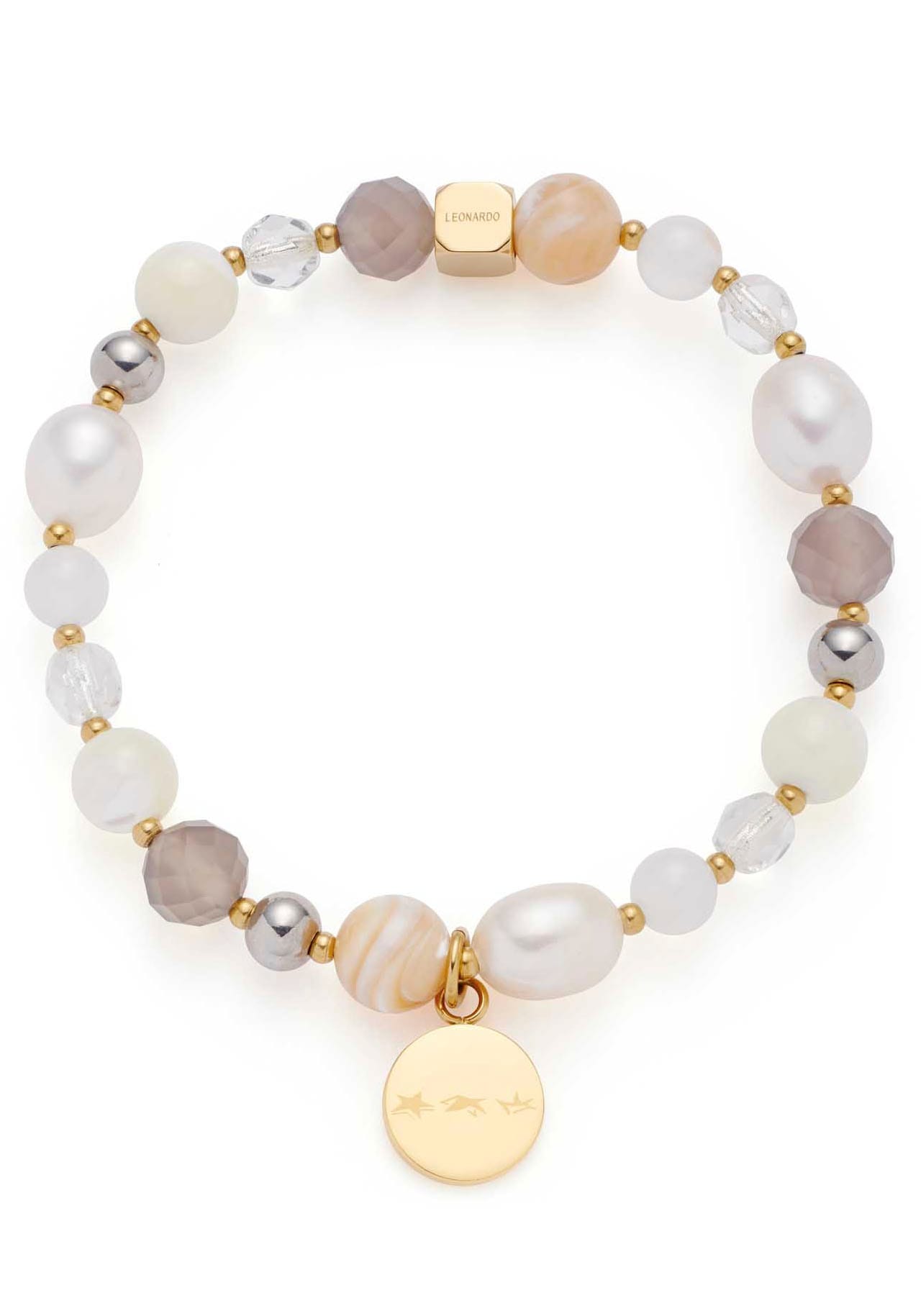 Armband LEONARDO "Bicolor Hope", weiß (gelbgoldfarben, grau, braun, weiß, grau), Armbänder, Damen, 17cm, Edelstahl Perlen Polyurethan, Edelstahl, Perlen, Polyurethan, Armband, mit Achat - mit Glasperle, Süßwasserzuchtperle