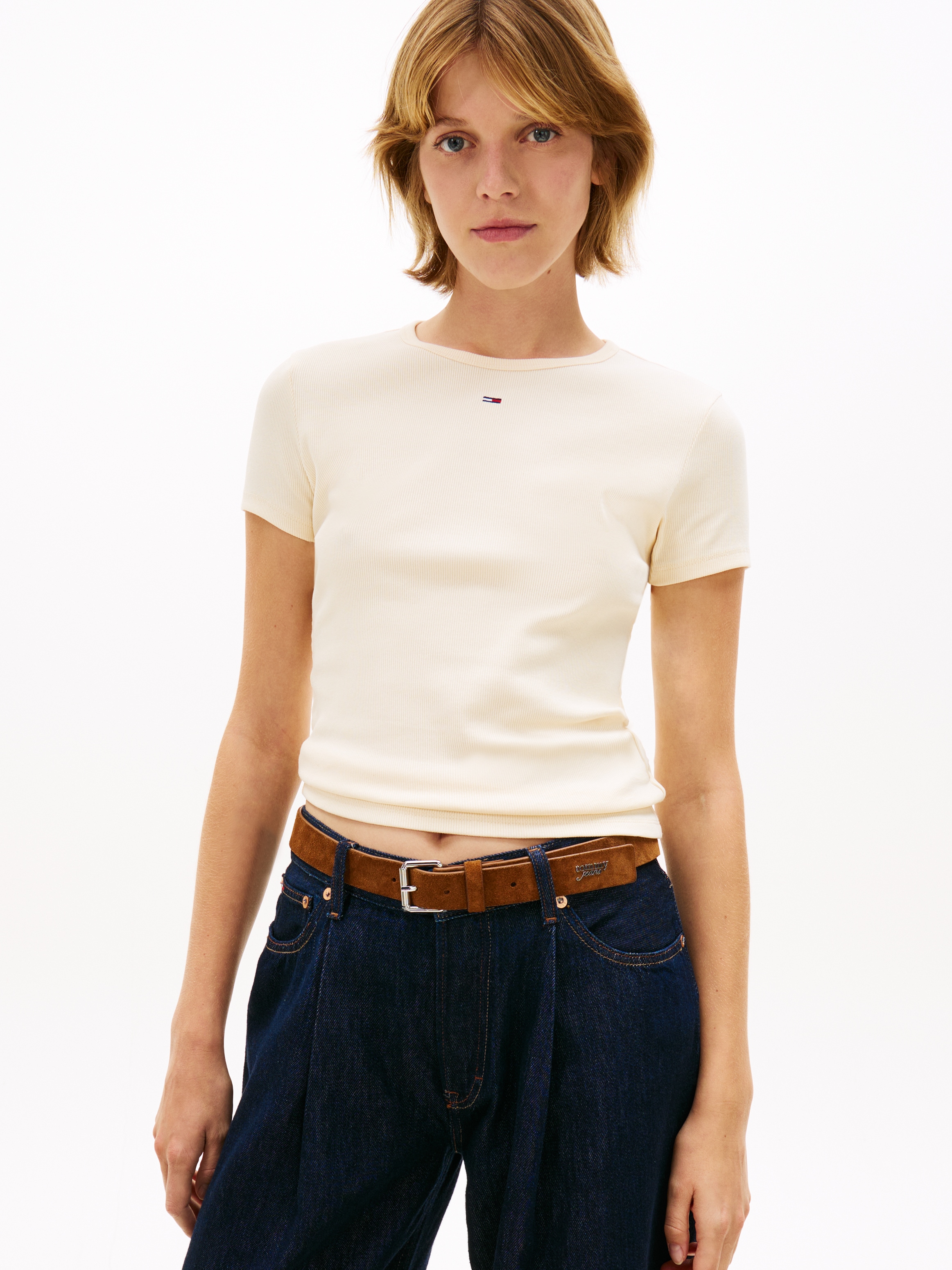 Tommy Jeans "TJW ESSENTIAL RIB SHORT SLEEVE EXT" Baumwollmischung in gerippter Struktur, Slim Fit