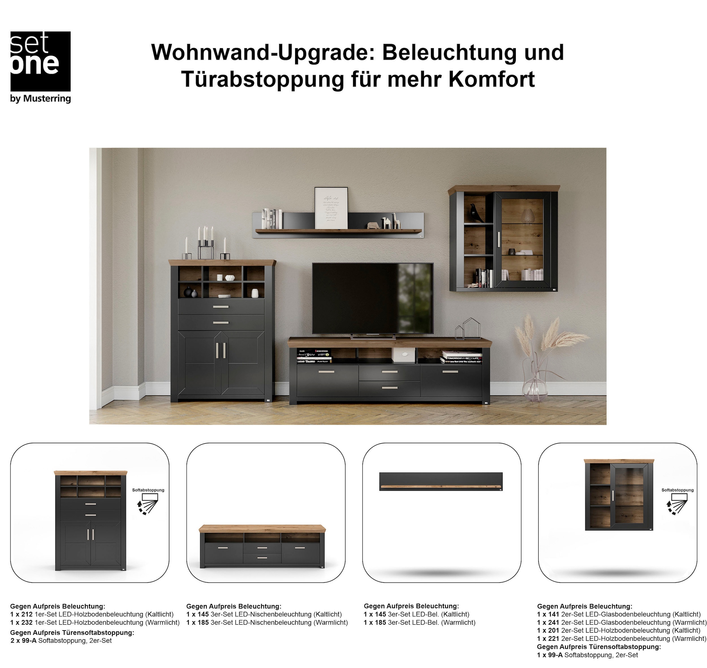 set one by Musterring Wohnwand »York« 4 Stk. tlg. Kombination 11, in 3 Farbvarianten, Gesamtbreite 374 cm