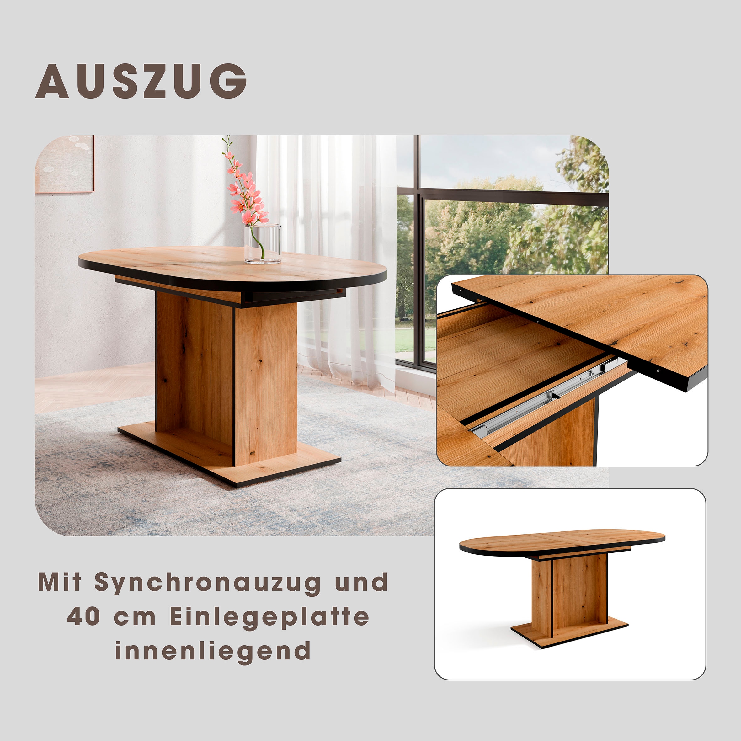 Home affaire Essgruppe »Basel, Tischgruppe mit Ausziehtisch«, (Set, 5 tlg.), BESTSELLER, Sitzgruppe, Tisch, Stühle, ovale Tischplatte, Säulentisch
