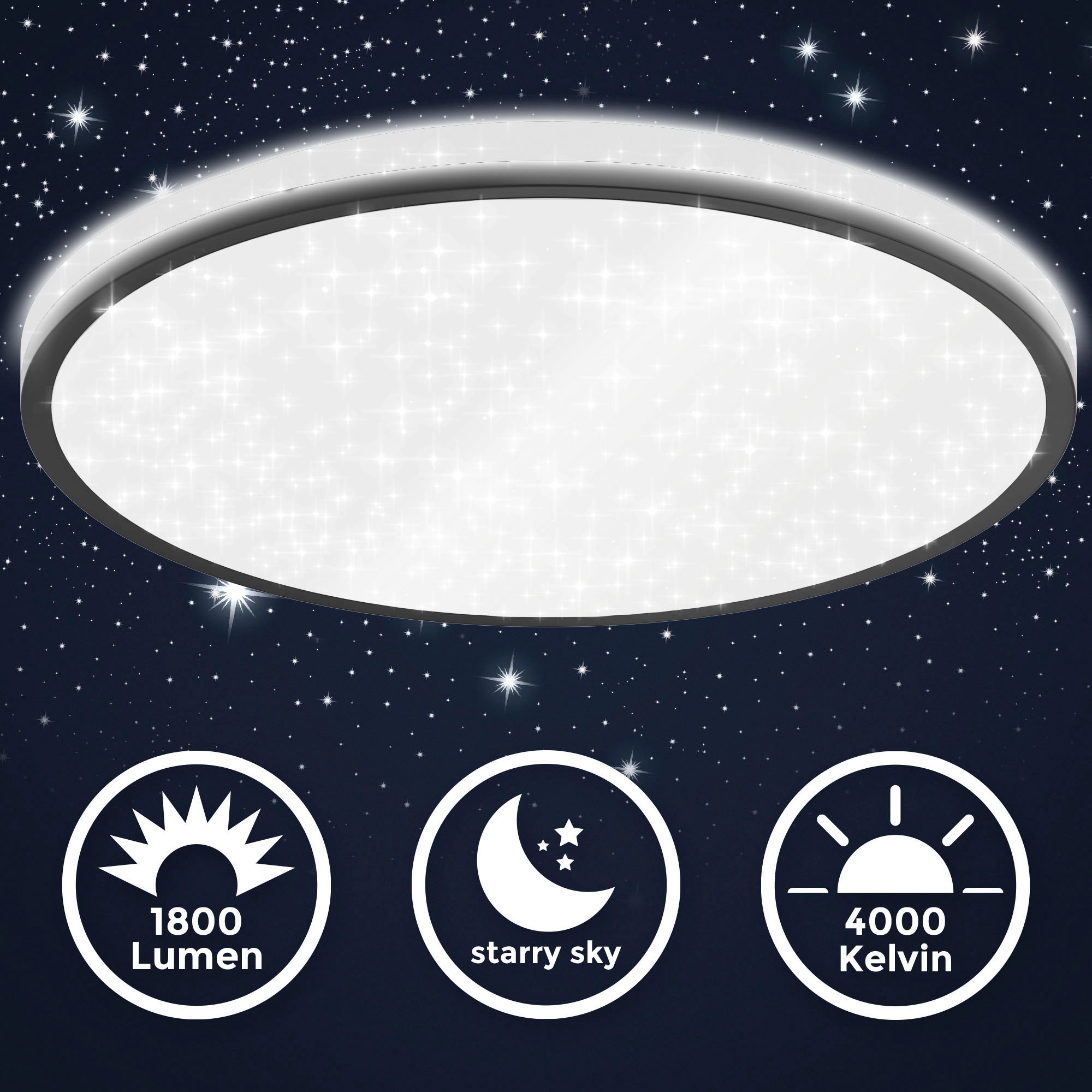 B.K.Licht LED Deckenleuchte »BK_DL1523 LED Deckenlampe, Sternenhimmel, Ø33cm, Neutralweißes Licht«, 1 flammig, Leuchtmittel LED-Modul | LED fest integriert, 18W, 4.000K, 1.800Lm, Indirektes Licht, Backlight, Schwarz