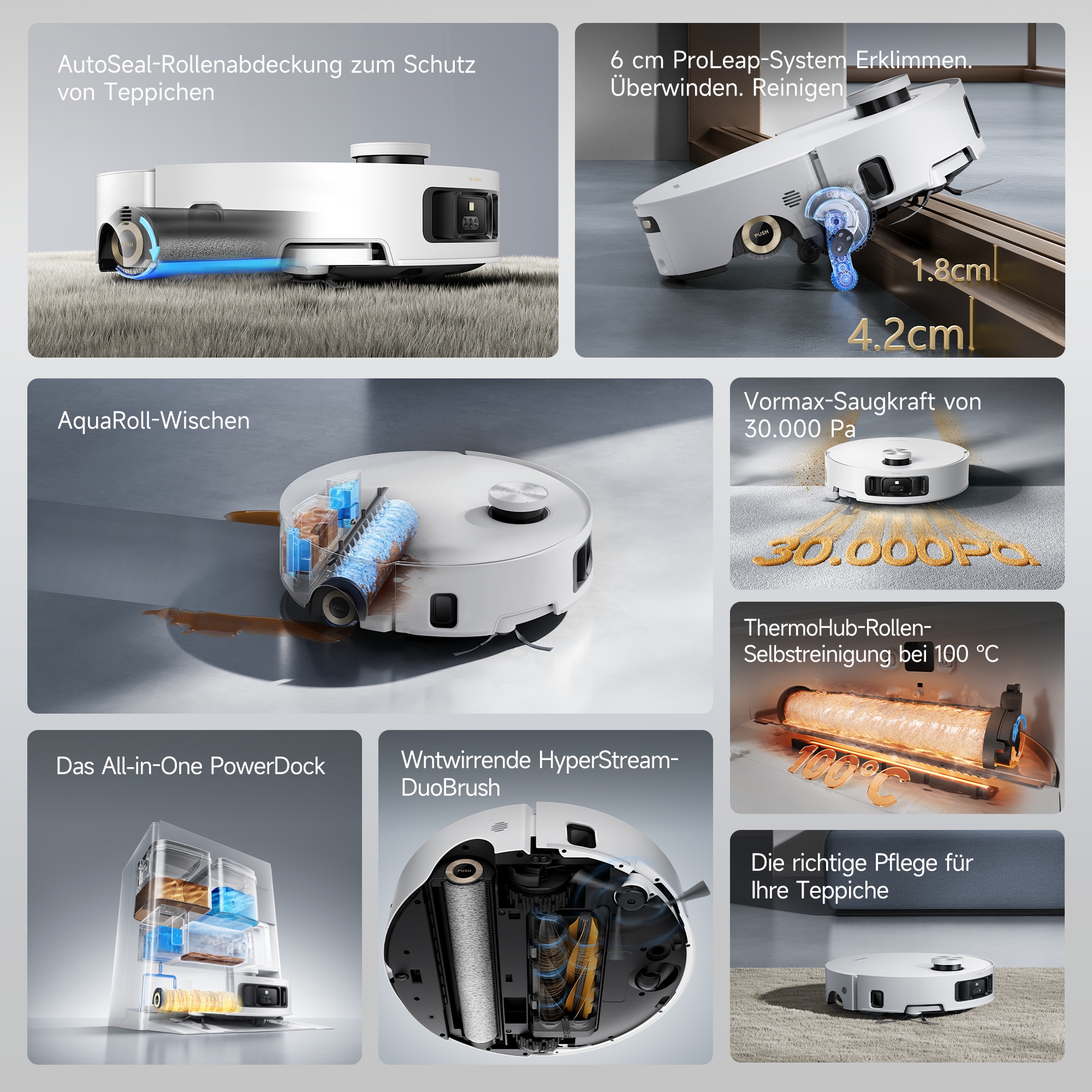 Dreame Nass-Trocken-Saugroboter »mit Wischfunktion Aqua10 Roller« Warmwasser-Wischsystem, Rollenmopp, überwindet Hindernisse, 30.000 Pa