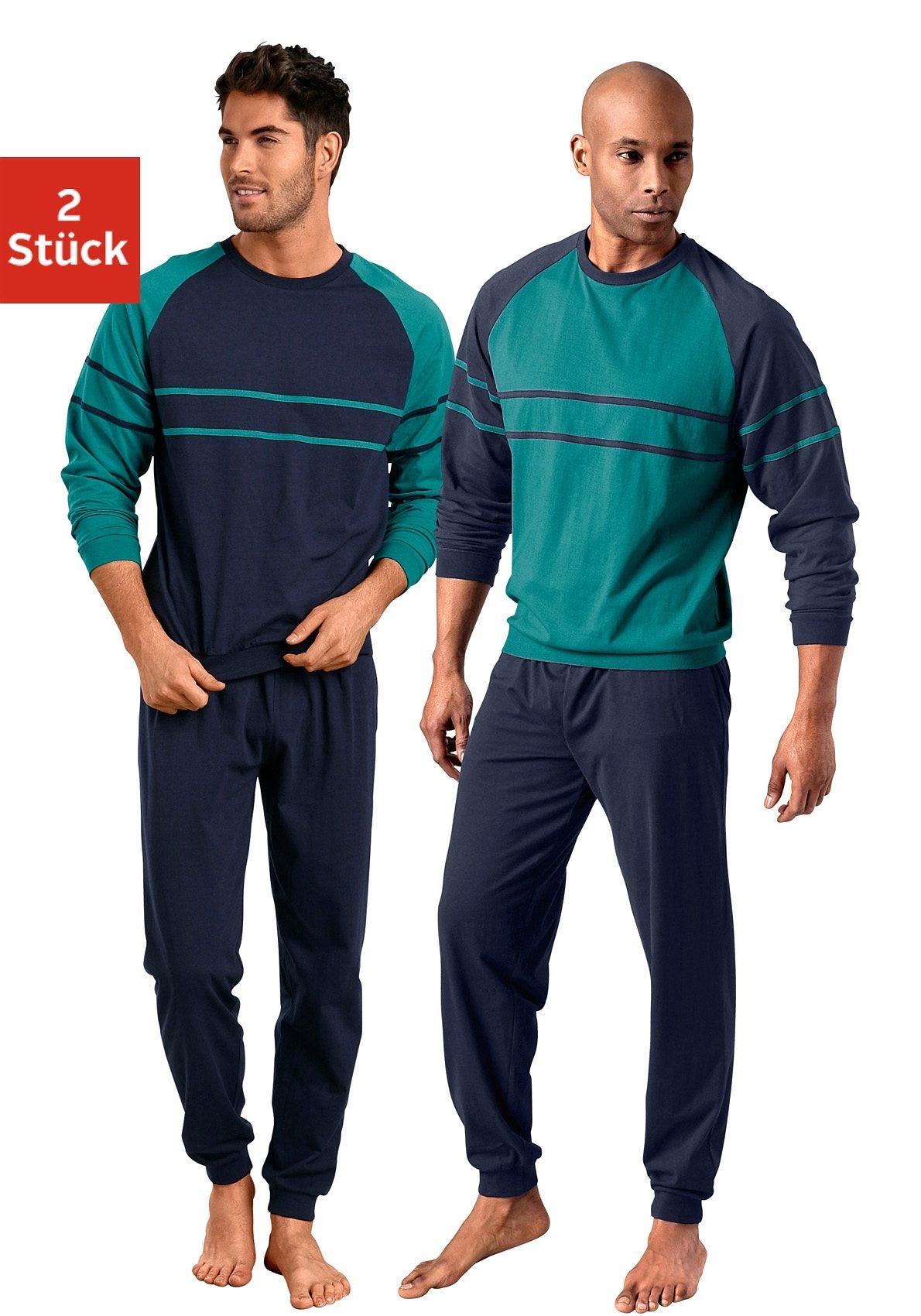 le jogger® Pyjama »Schlafanzug für Herren im Doppelpack«, (Packung, 4 tlg., 2 Stück), in langer Form mit aufgesetzten Streifen