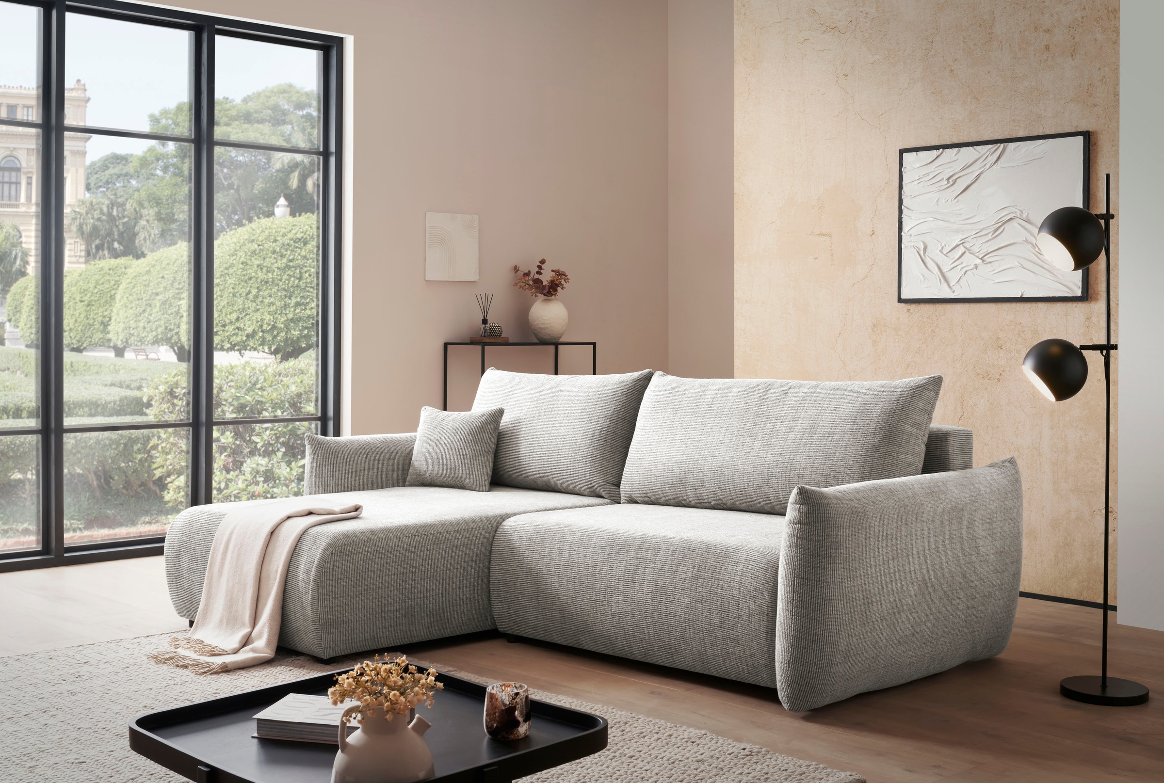 INOSIGN Ecksofa »MAVAS Schlafsofa mit Bettkasten, L-Form,«, ca.257/127cm (Liegefläche 212/145 cm), Cord, Chenille, Struktur