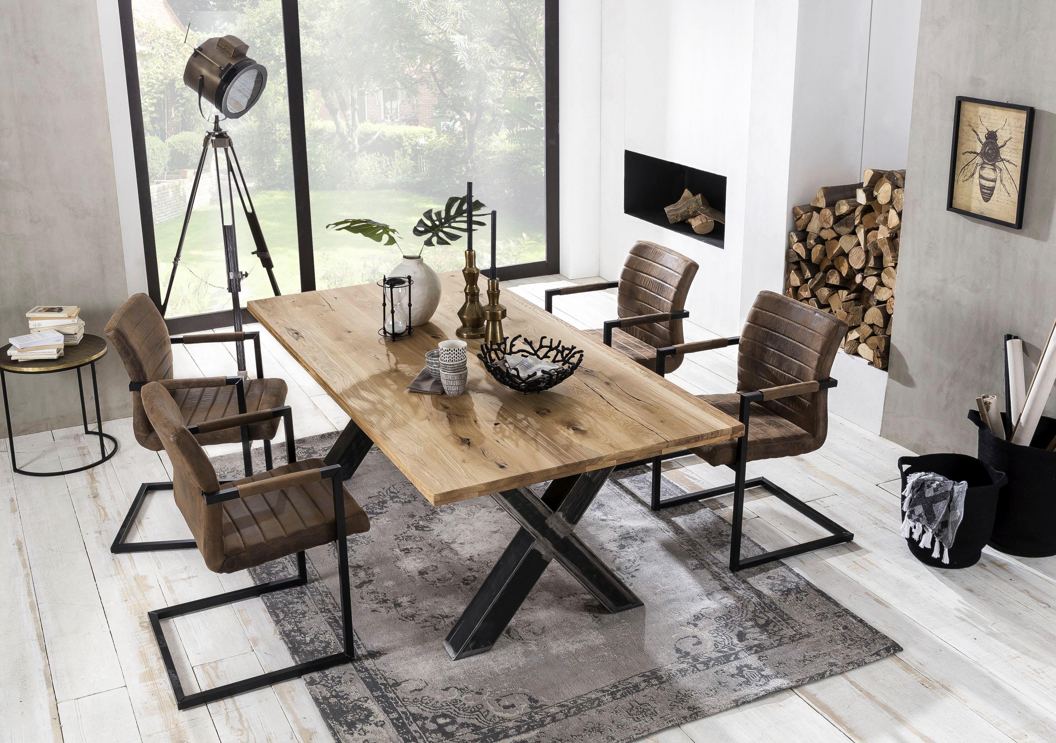 SIT Esstisch "Phoenix Wildeiche Massivholz mit X-Gestell im Used-Look" Rustikale Wildeiche mit markantem X-Gestell