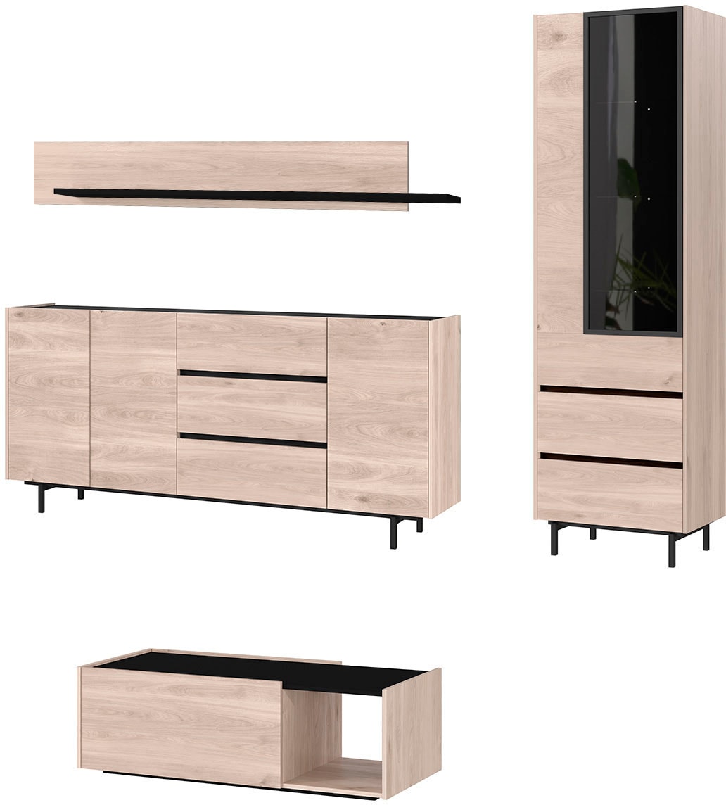 GERMANIA Wohnzimmer-Set "Cantoria", (Set, 4 St.), mit Sideboard, Wandboard, Vitrine, Couchtisch, griffloses Design