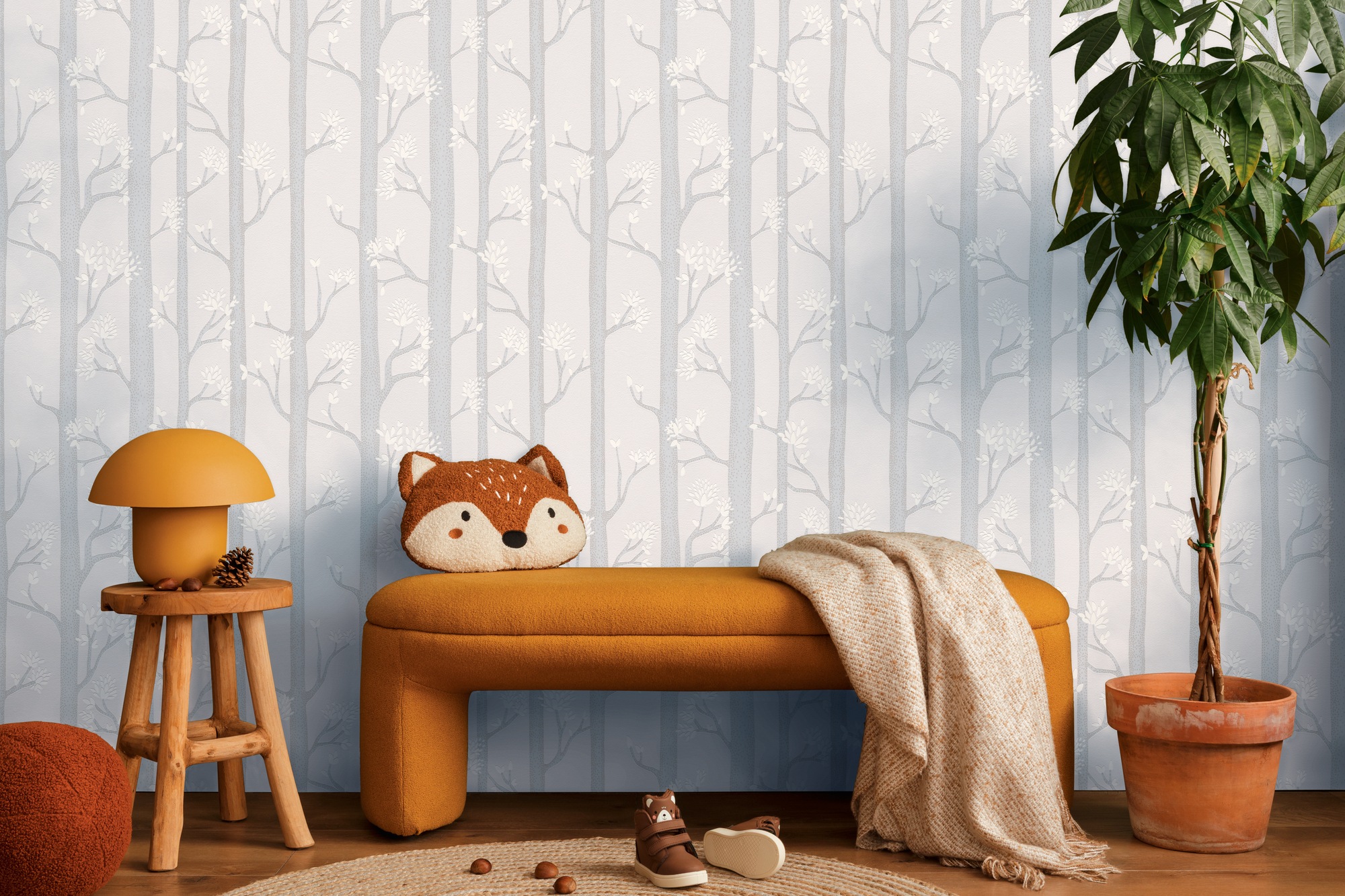 living walls 1100000002199 »Kids Studio Wald – Baum Vliestapete für Kinder« Wald | grafisch | leicht glänzend glatt Stilisiertes Waldmotiv mit Bäumen, Zweigen und feinen Blättern