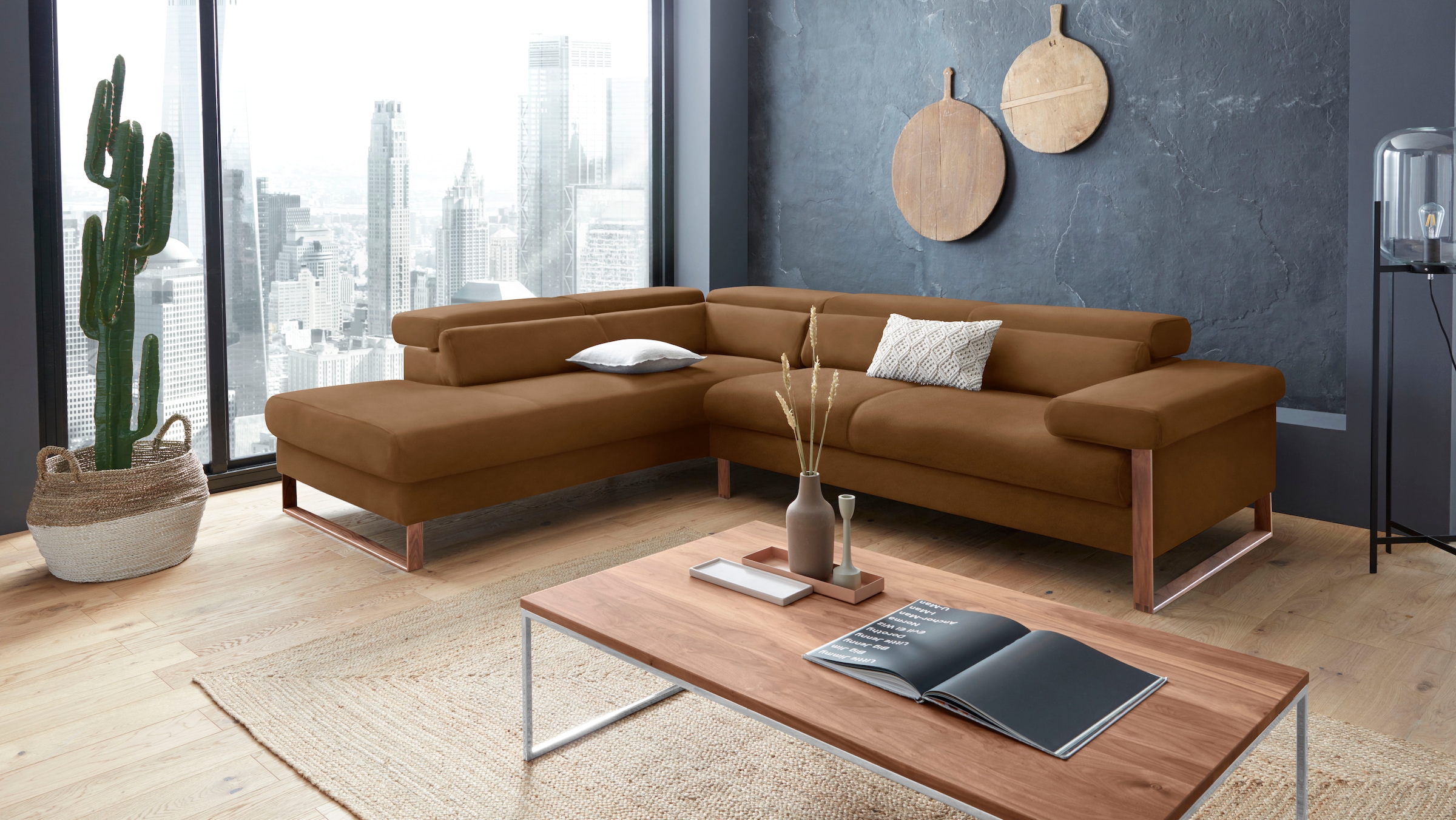 W.SCHILLIG Ecksofa "finn, Designsofa mit tollem Sitzkomfort, bequem, L-Form" German Design Award 2016, Fußgestell Nussbaum natur, Breite 281 cm