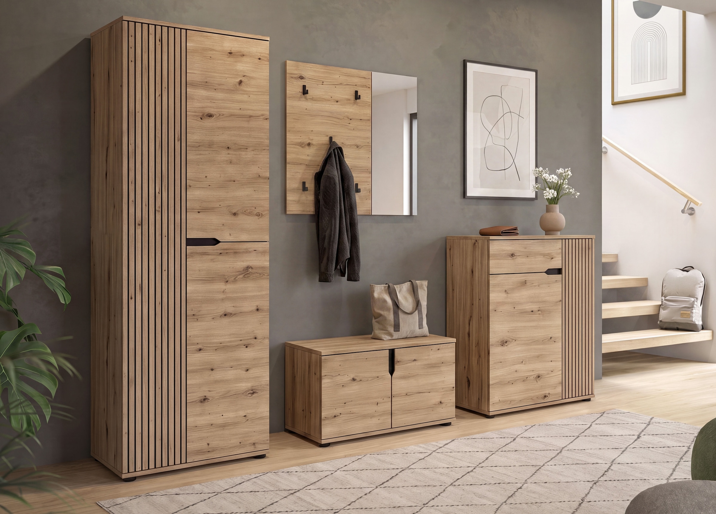OTTO home Garderoben-Set »FJELL, 4-teilig, Breite 255cm, Front mit hochwertiger Längsfräsung«