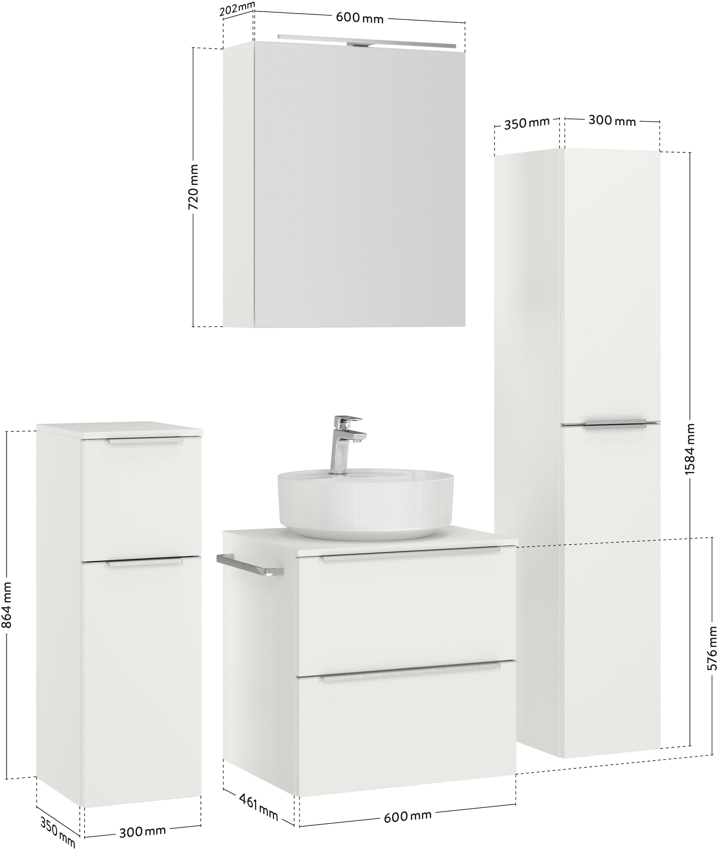 nobilia® Badmöbel-Set »Alvene« vormontiert, mit Soft-Close, 4 Stk. tlg. inkl. Spiegelschrank mit Beleuchtung und Dimmerfunktion, in 4 Breiten