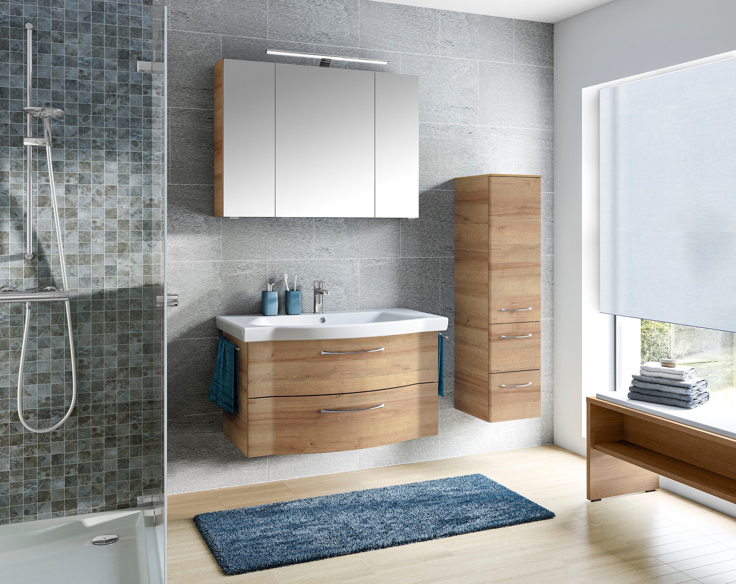 Saphir Badmöbel-Set »6005 Sprint 3-teilig, Keramik-Waschtisch mit LED-Spiegelschrank«, (4 St.), Midischrank, inkl. Türdämpfer, 4 Türen, 4 Schubladen, Bad-Set