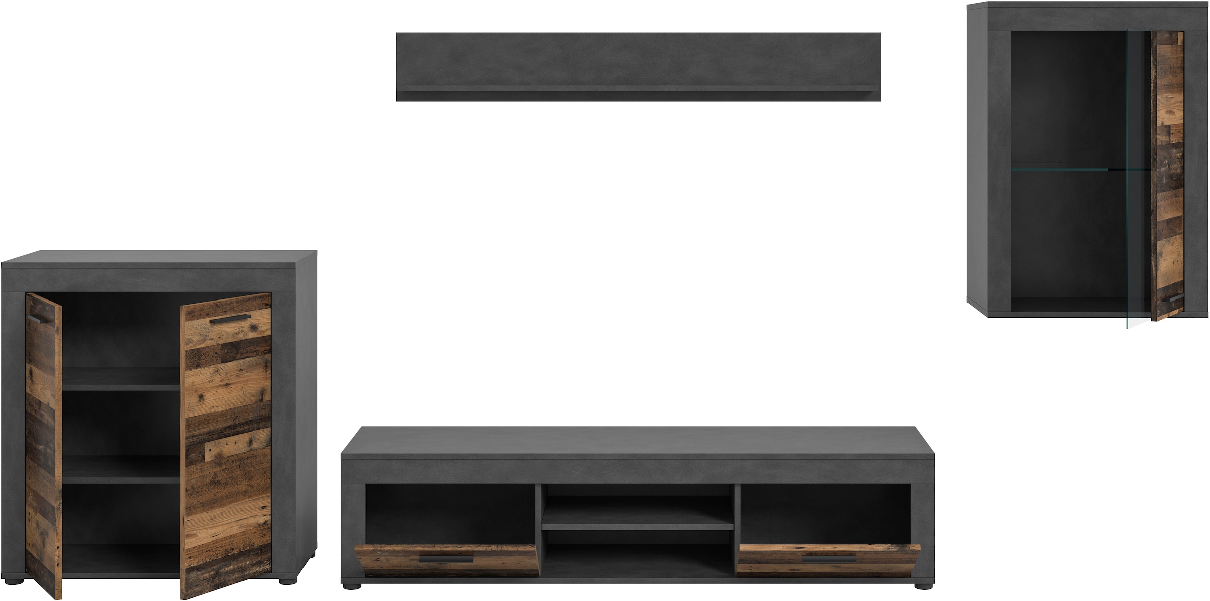 INOSIGN Wohnwand »Aosta, 4-tlg., best. aus: Highboard, Lowboard, Wandboard & Vitrine«, (4 St.), Wohnwand, Kombination, Anbauwand, Möbel Set, Schrankwand, Möbel Kombi