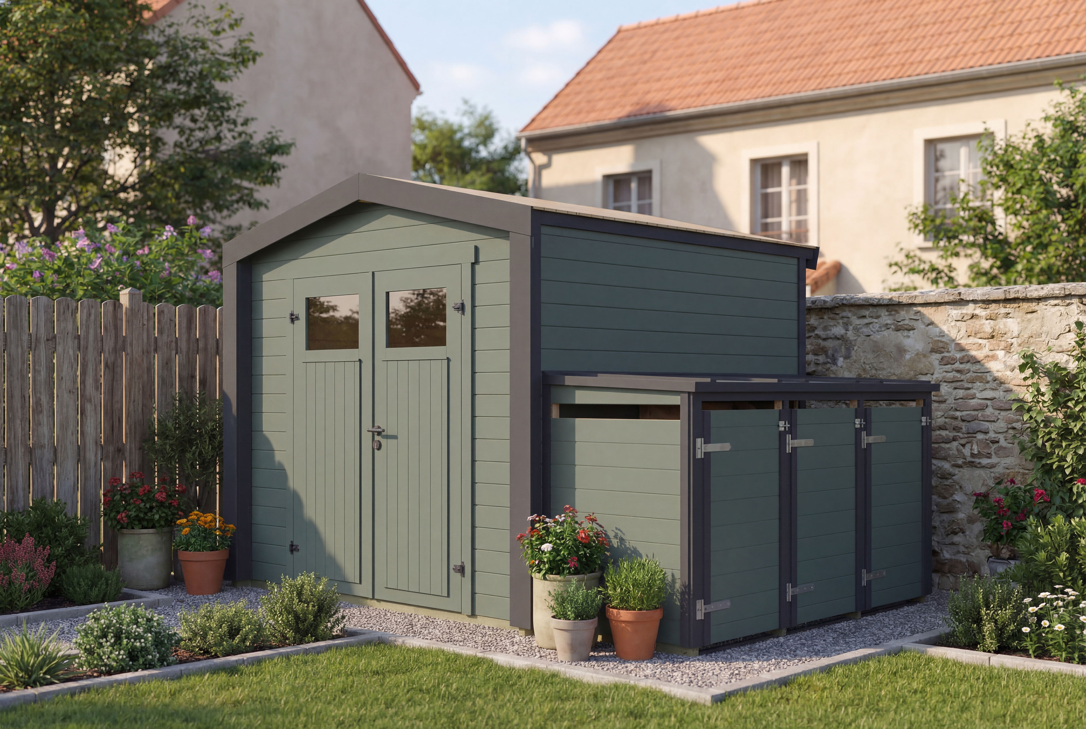 weka Gartenhaus "Killarney" Doppeltür, 1/4 verglast, inkl. 3er Mülltonnenbox