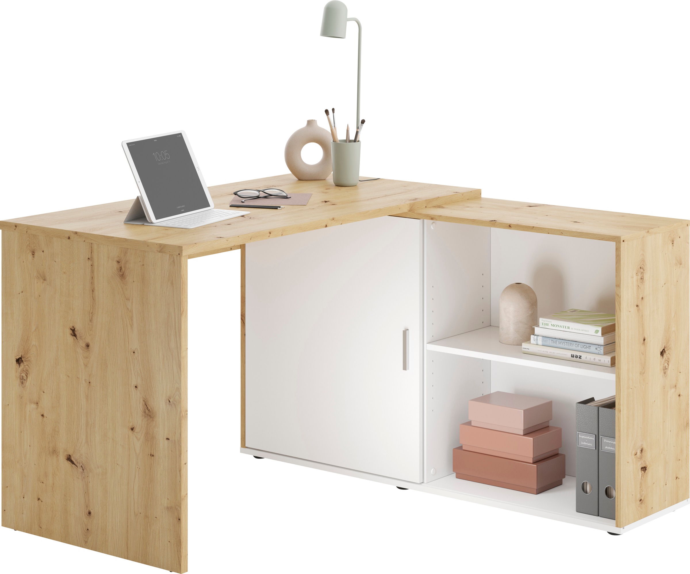 Eckschreibtisch FMD "Valley", weiß (artisan, oak weiß, artisan, oak weiß, artisan, oak weiß), B:118cm H:75cm T:60,5cm, Tische, Eckschreibtisch, Breite 118 cm 2