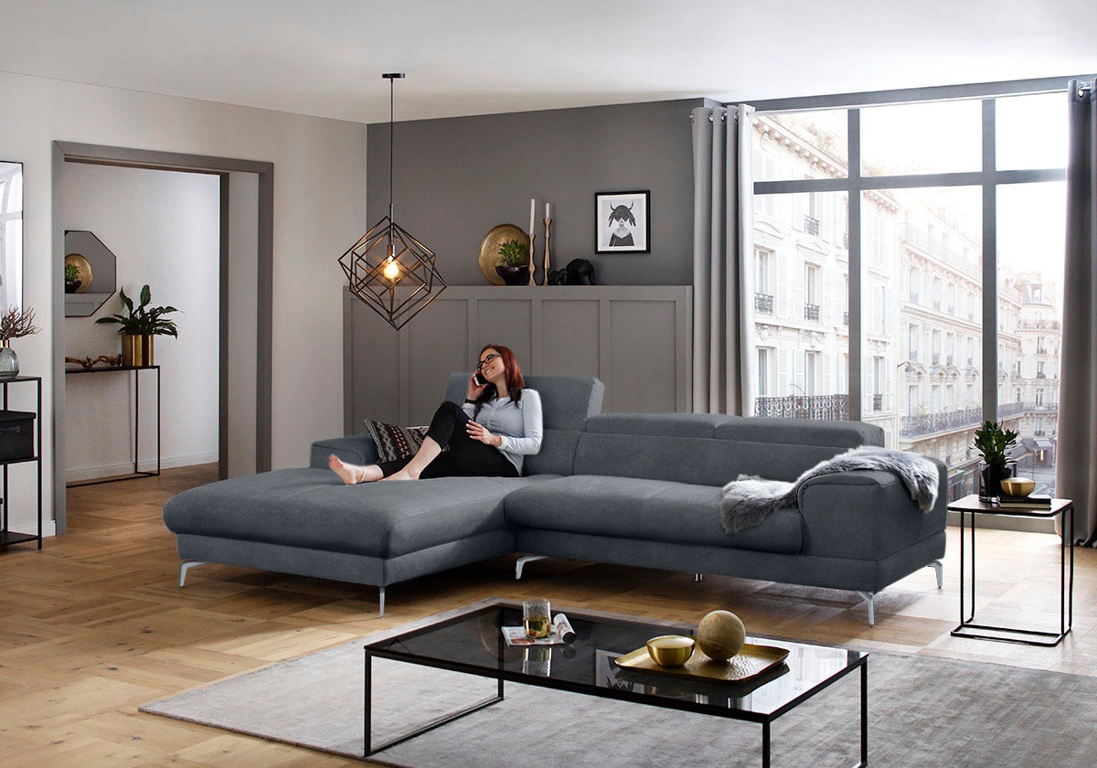 W.SCHILLIG Ecksofa »piedroo, Designsofa mit tollem Sitzkomfort, bequem und elegant, L-Form«, Kopfteilverstellung, wahlweise mit Sitztiefenverstellung, Breite 303cm