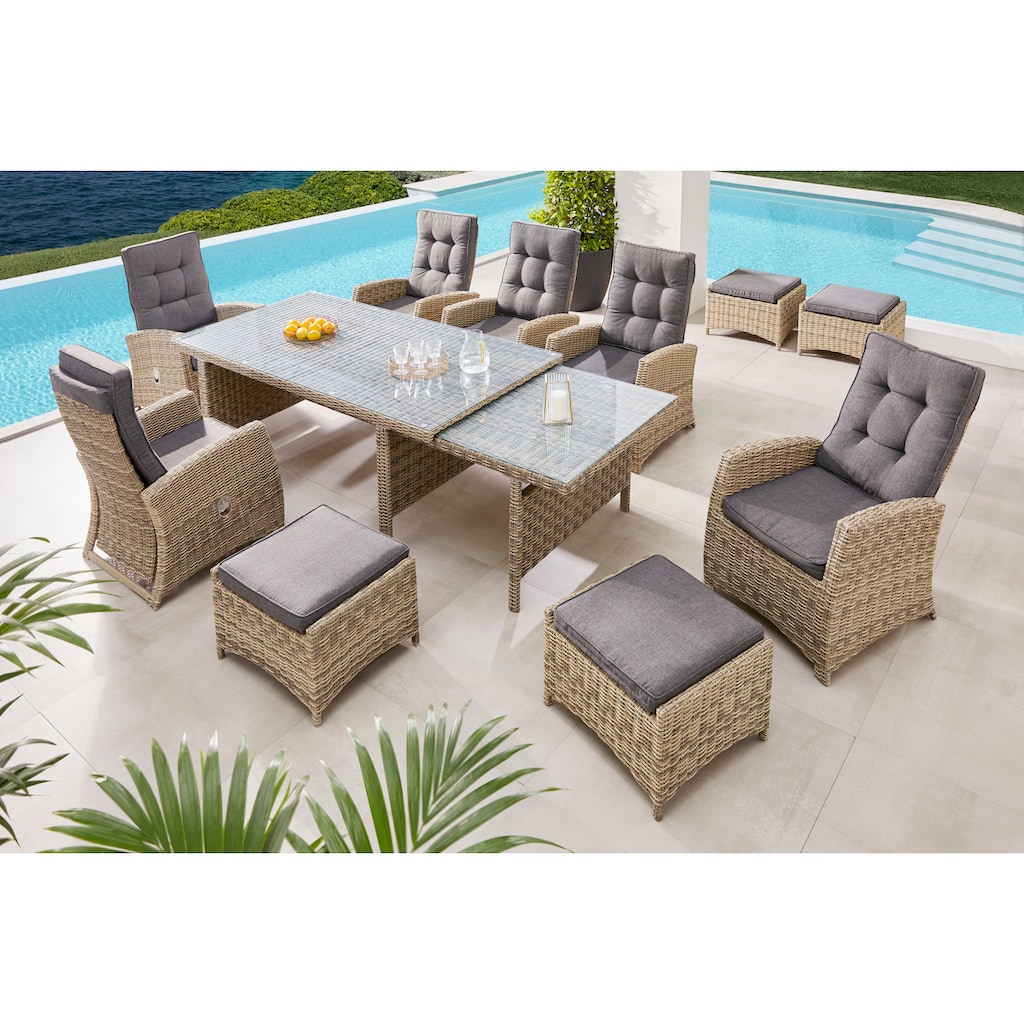 KONIFERA Garten-Essgruppe »Monaco«, (Set, 27 tlg., 6x Sessel, 4x Hocker, 1x AZ-Tisch 200-366x100x75,5 cm, inkl. Auflagen)