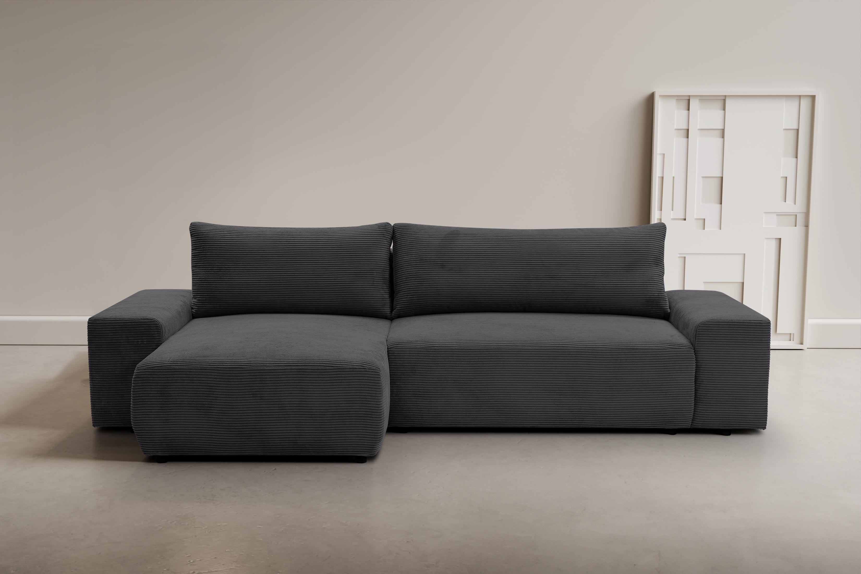 WERK2 Ecksofa "Amsterdam 300 x 150 cm modern und bequem" Cord, L-Form, XXL, Schlaffunktion, Bettkasten